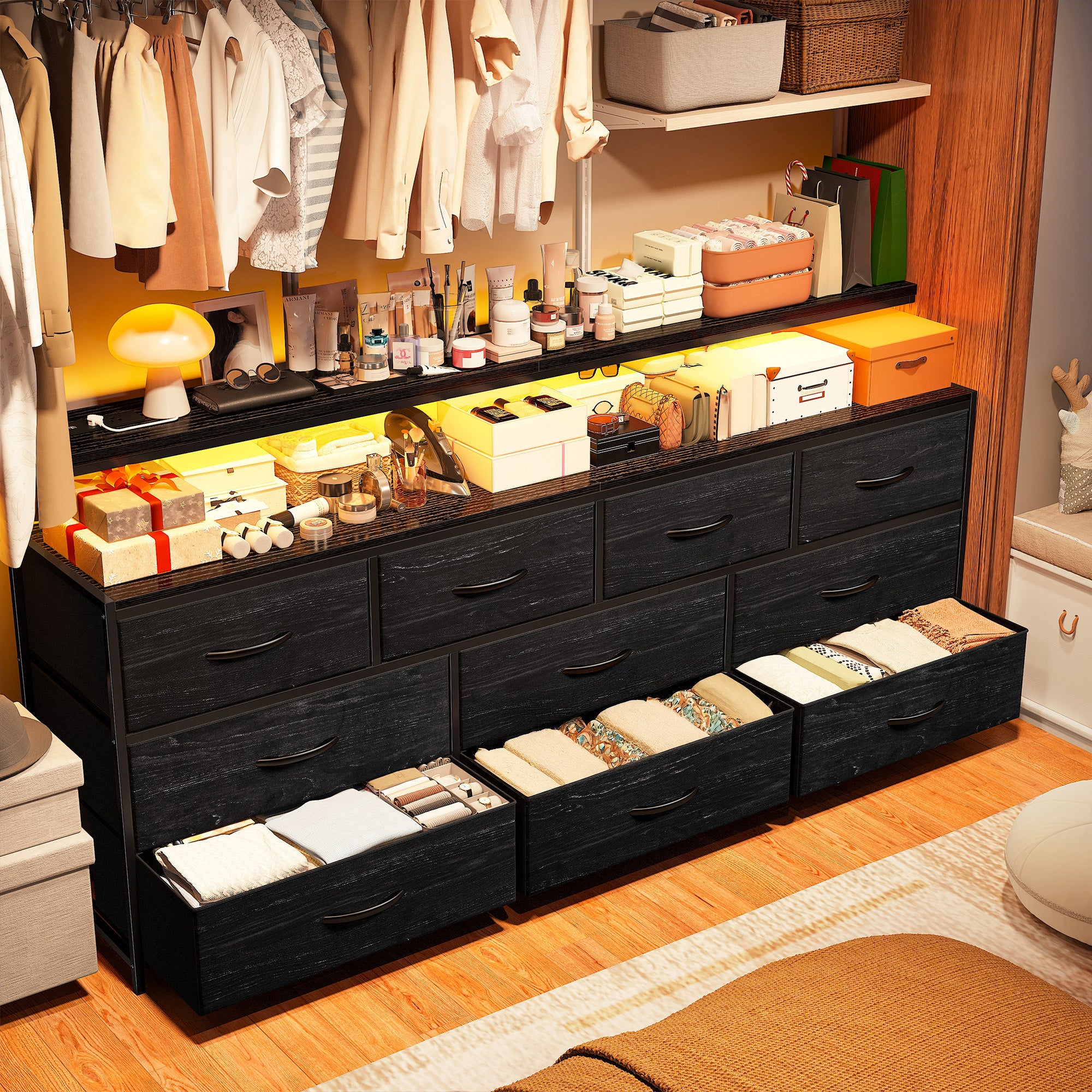 Snhomee 55" Wide LED Dresser with Power Outlets & 10 Drawers | Large Metal Frame & Wood Top Storage Organizer for Bedroom