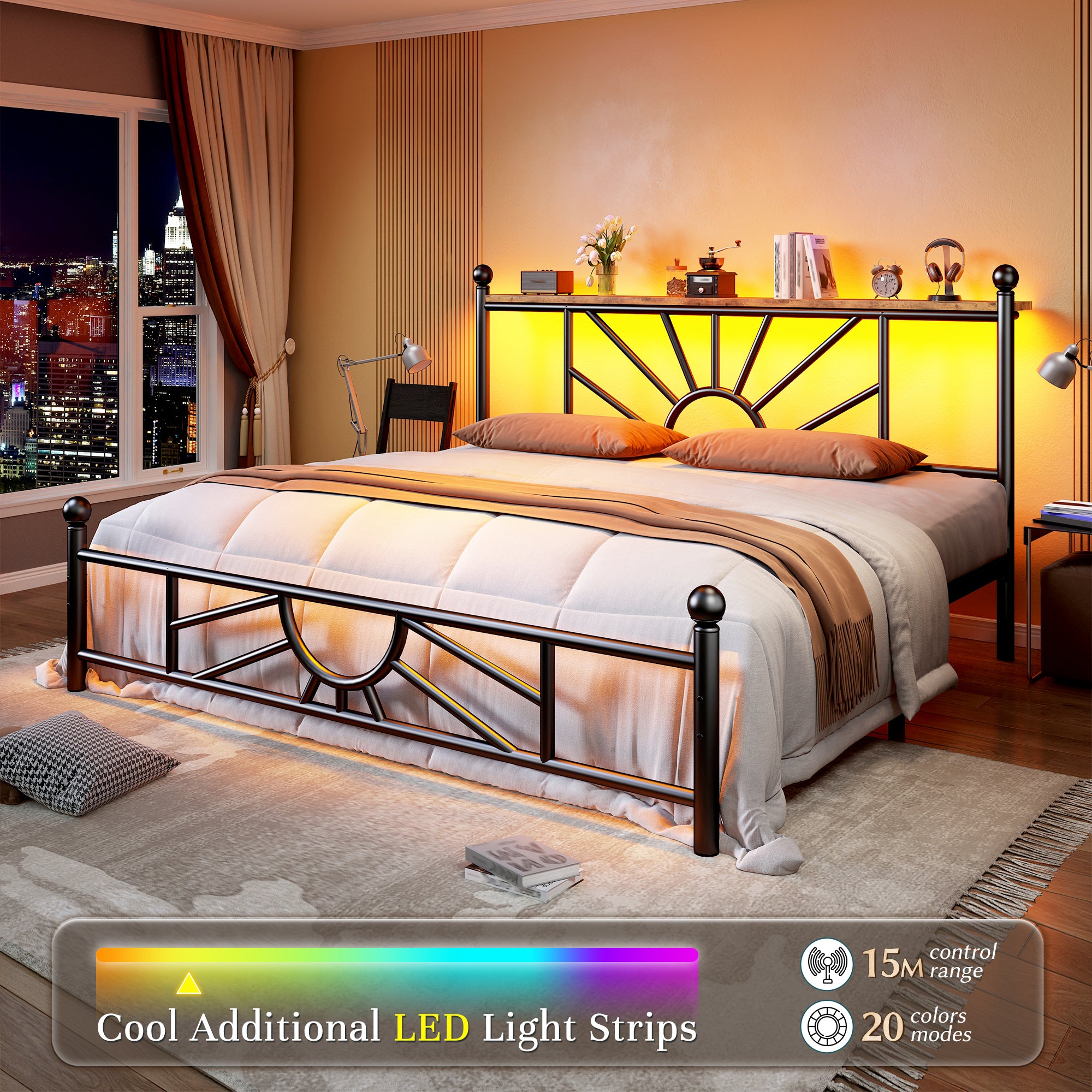 Snhomee Metal Bed Frame with LED Lights Under Headboard&Footboard - 1300LBS Capacity, Underbed Storage, No Box Spring Needed, Noise-Free Design, Back to School Beds Best Choice