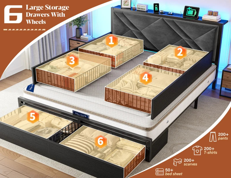 Bed Frame with Bed Frame with  and 6 Storage Drawers, Bed Frame with Upholstered Headboard Built in Charging Station,Noise-Free,Easy Assembly
