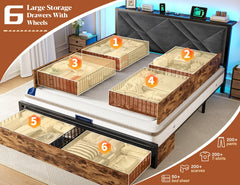 Snhomee Bed frame featuring six storage drawers, upholstered headboard with built-in charging station, noise-free operation, and easy assembly