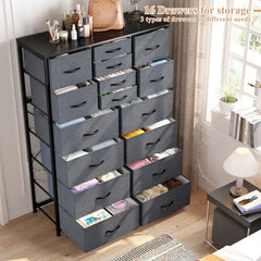 Tall Fabric Dresser for Bedroom with 16 Deep Drawers, Chests of Drawers for Bedroom, Living Room, Wood Top Metal Frame, Storage Drawer for Closet Entryway, Highboy-Furniture > Dresser-Brown-snhomee