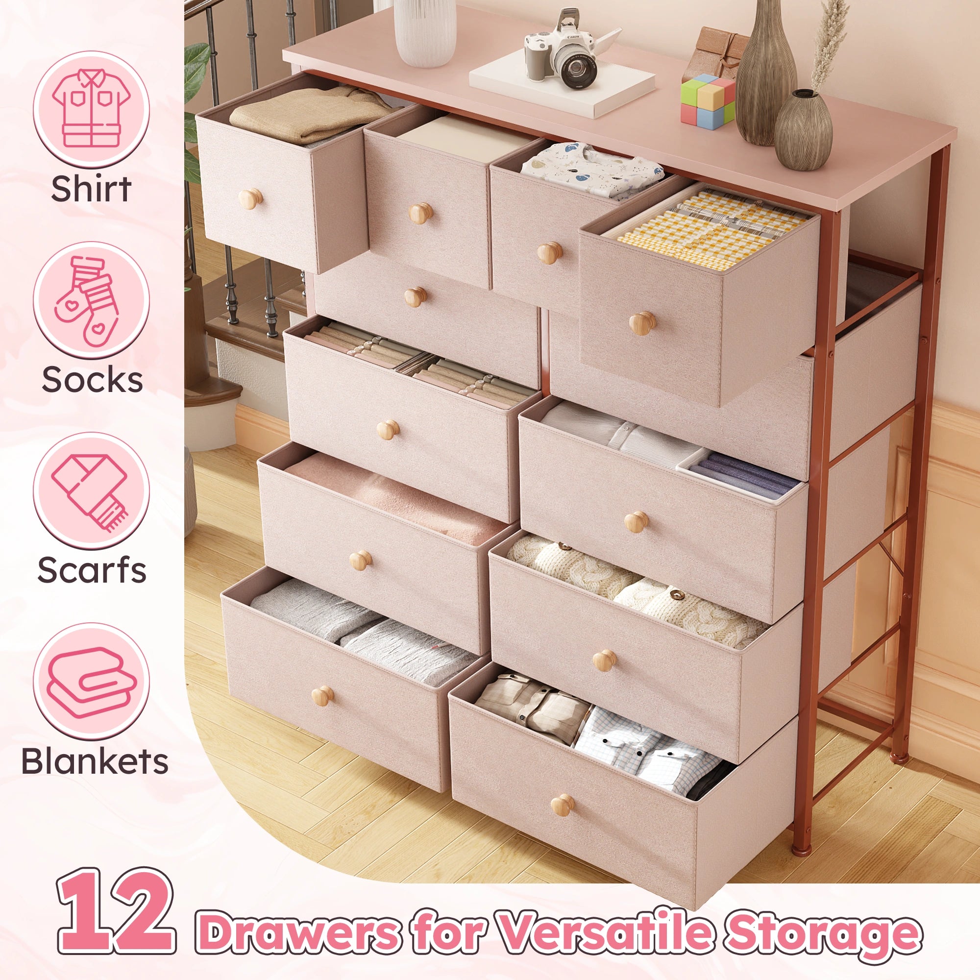 Snhomee 12-Drawer Tall Dresser for Bedroom  - Fabric & Metal Storage Organizer with Wood Top, Anti-Tip Design, Space-Saving, Closet, Entryway, Dorm Furniture, Back to school
