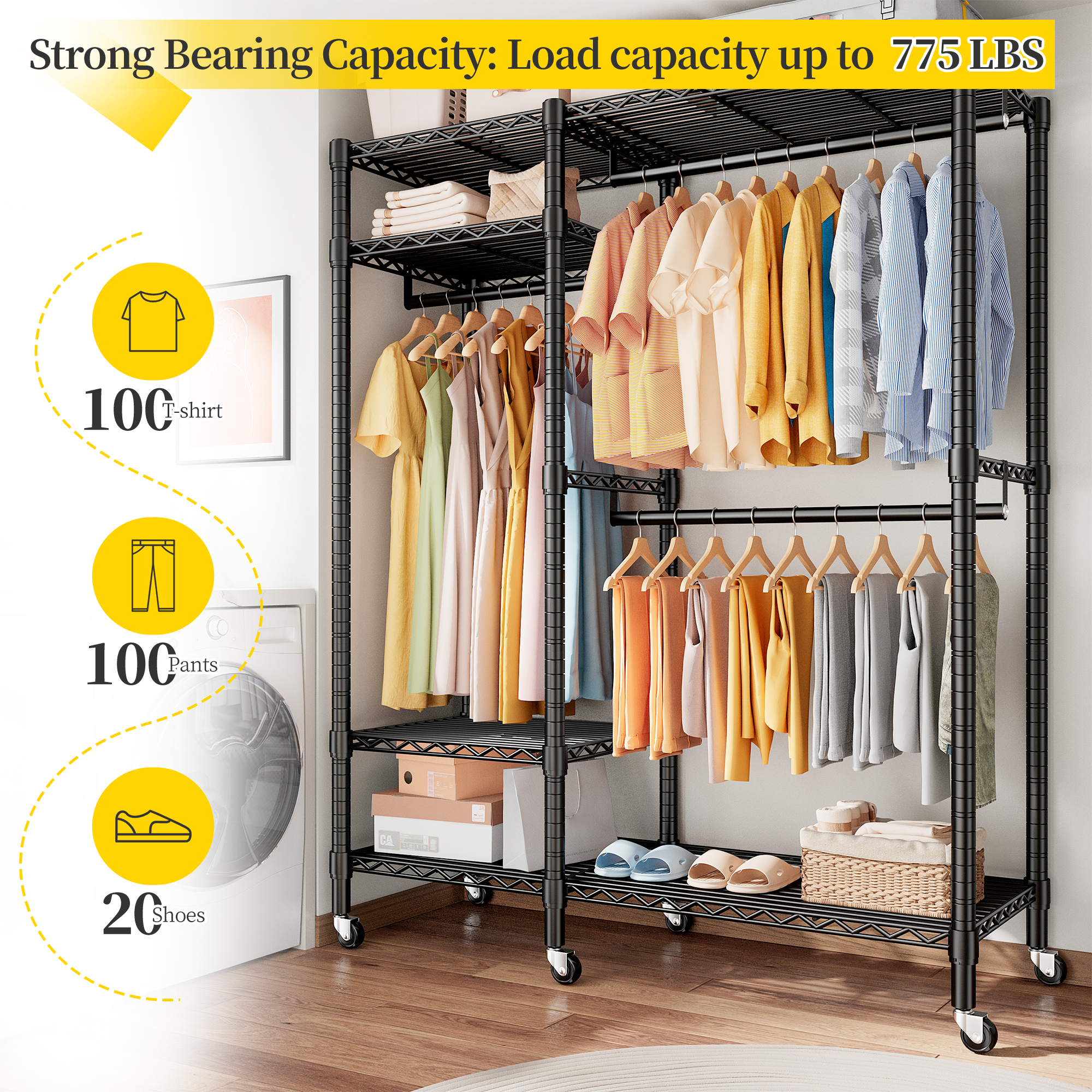 Snhomee 780lbs Heavy Duty Clothes Rack with Wheels, Freestanding Portable Closet, Rolling Garment Rack For Hanging-Home Storage > Clothes Rack-wheels-Black-snhomee