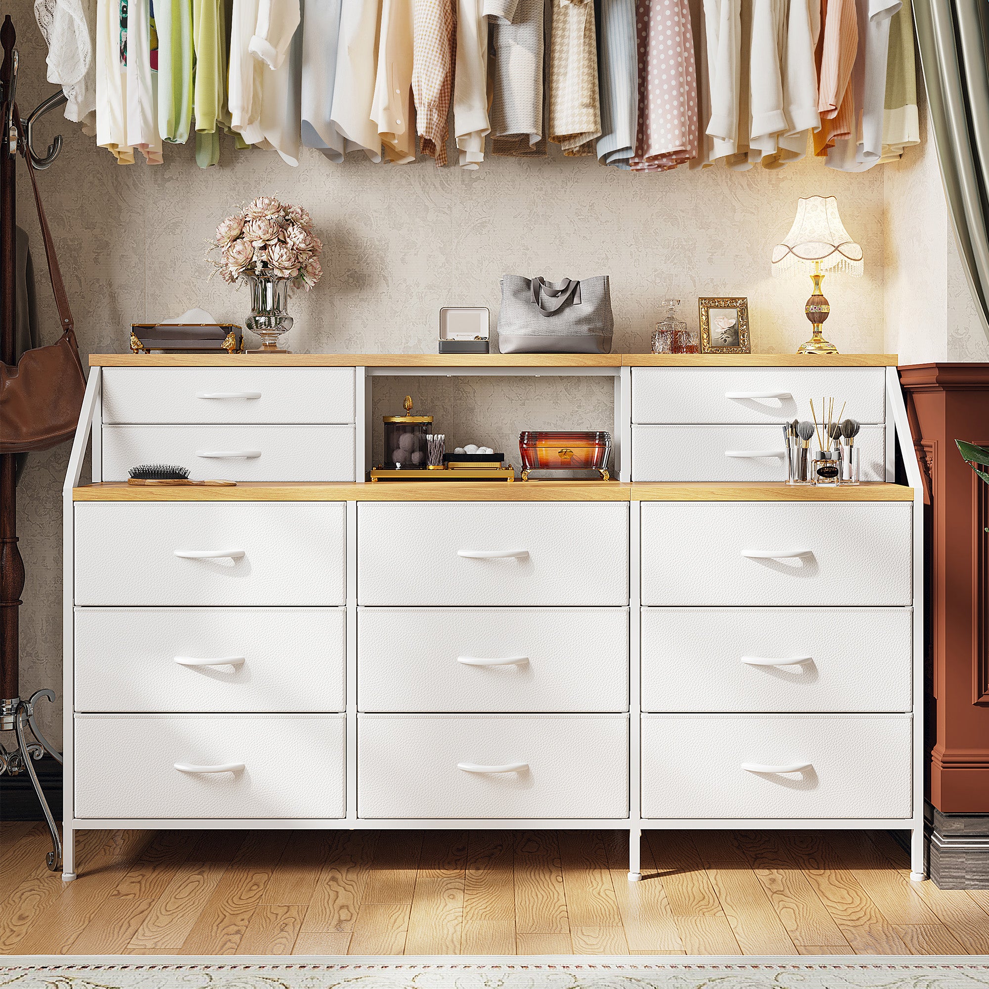 Girls Dresser Organizer: 55"W Dresser with 13 Fabric Drawers and 2 Open Shelves, Metal Frame & Wooden Top for Bedroom/Closet