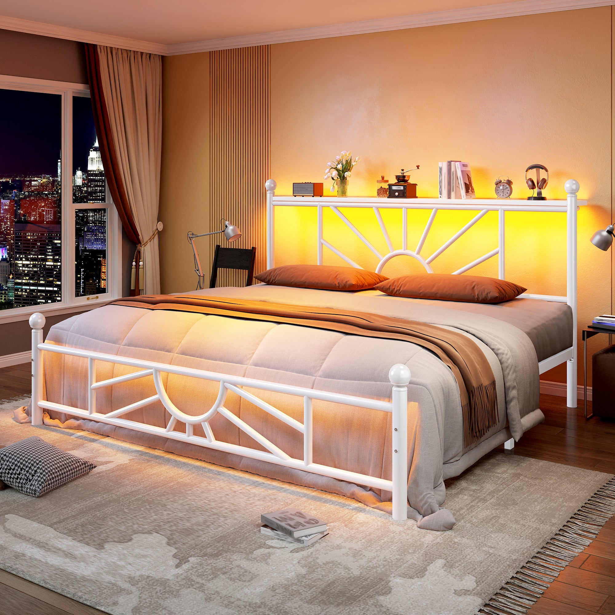 Snhomee Metal Bed Frame with LED Lights Under Headboard&Footboard - 1300LBS Capacity, Underbed Storage, No Box Spring Needed, Noise-Free Design, Back to School Beds Best Choice