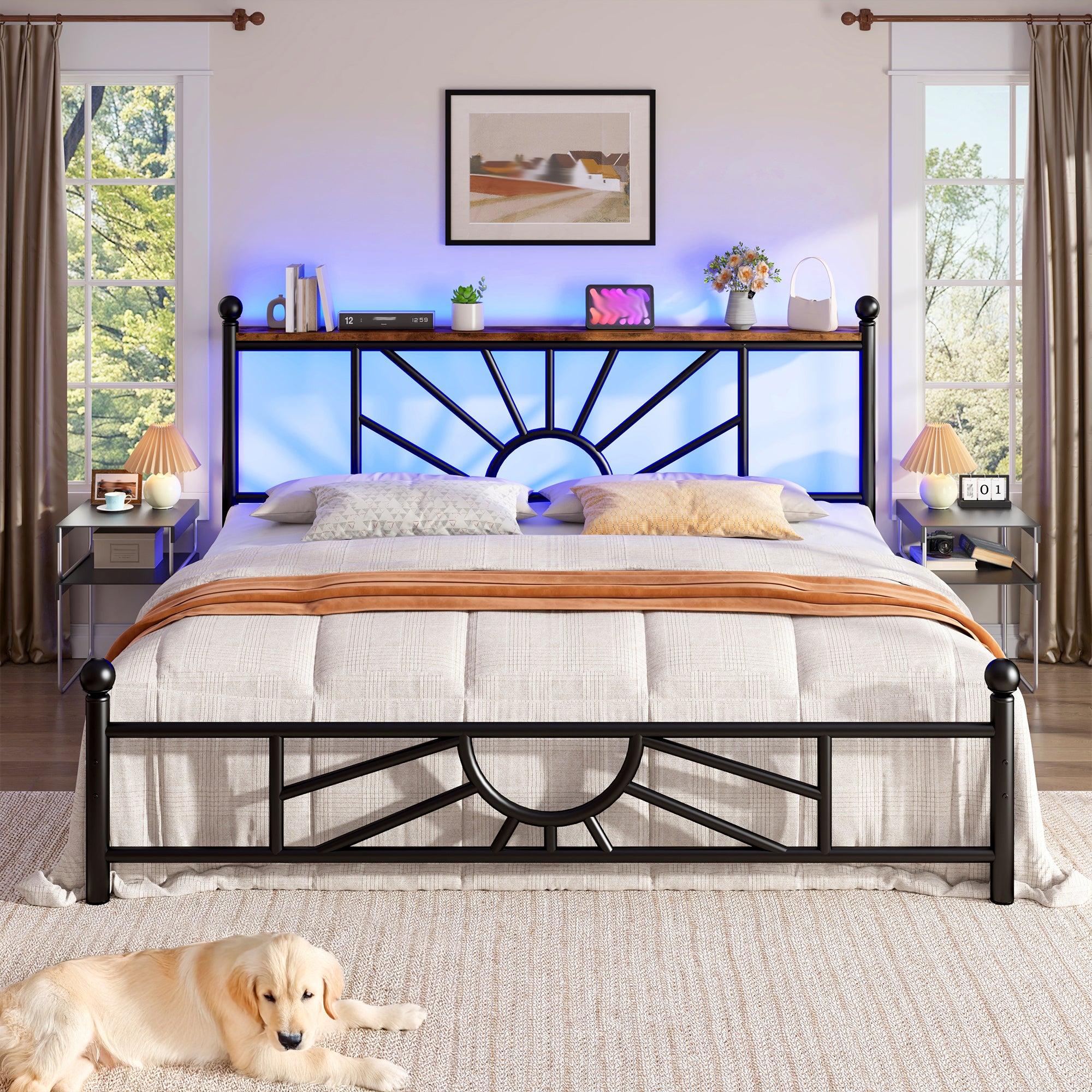 Snhomee Metal Bed Frame with LED Lights Under Headboard&Footboard - 1300LBS Capacity, Underbed Storage, No Box Spring Needed, Noise-Free Design, Back to School Beds Best Choice