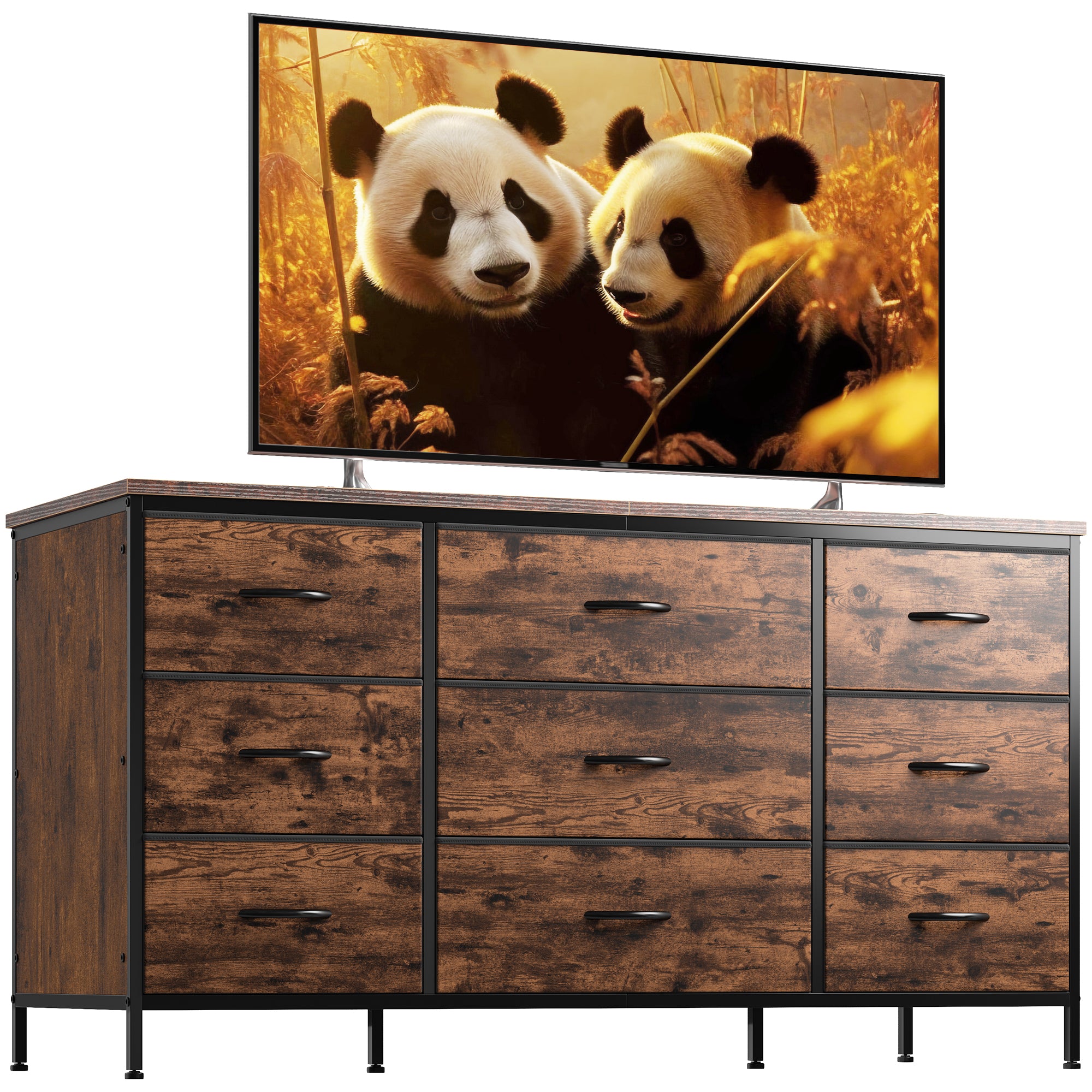 Snhomee Dresser TV Stand with 9 Drawers, Sturdy Metal Frame & Wood Top, Bedroom, Living Room, Hallway, Dorm room essentials, Back to school TV Stand Drawers