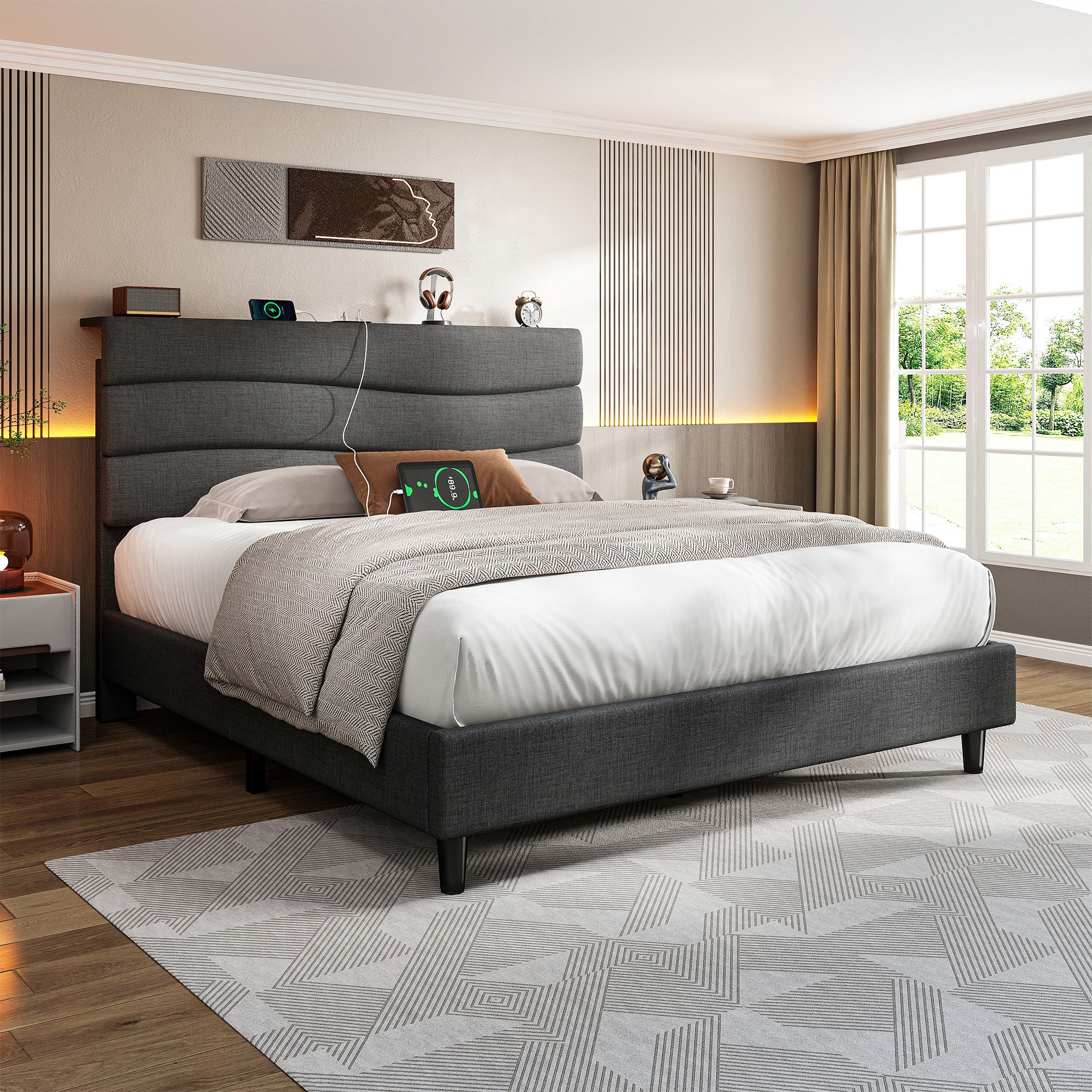 SnHomee Upholstered Bed Frame with Storage Headboard & Charging Station - USB Ports, Adjustable Fabric Headboard, Noise-Free Design, No Box Spring Needed, Back to School Beds On Sale