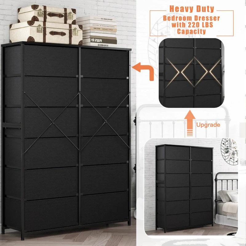 Tall Dresser for Bedroom with 12 Drawers, Wooden Top and Metal Frame, Fabric Bedroom Dressers & Chests of Drawers, Dark Grey-Furniture > Dresser-snhomee