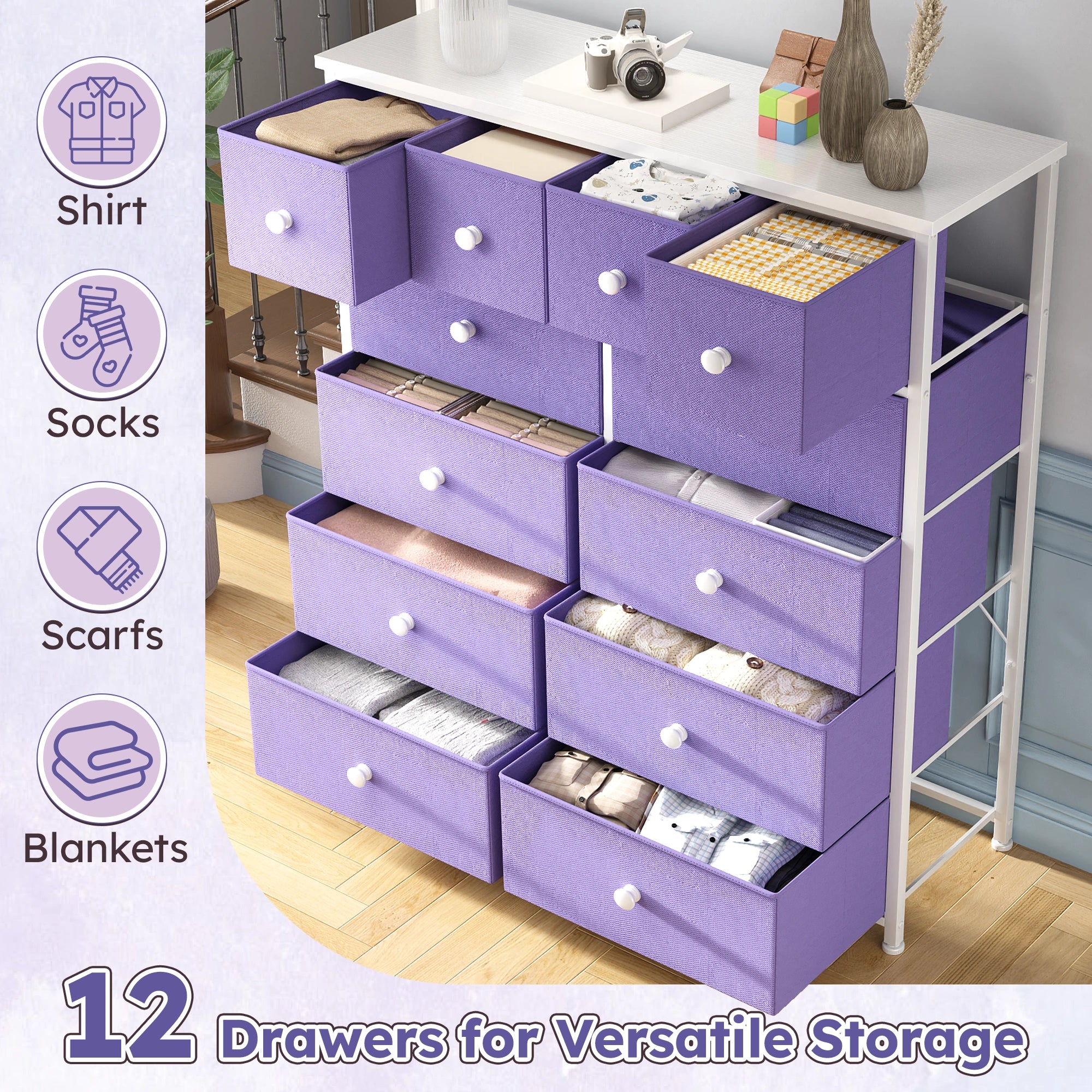 Snhomee 12-Drawer Tall Dresser for Bedroom  - Fabric & Metal Storage Organizer with Wood Top, Anti-Tip Design, Space-Saving, Closet, Entryway, Dorm Furniture, Back to school