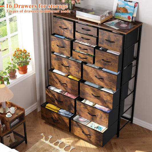 Tall Fabric Dresser for Bedroom with 16 Deep Drawers, Chests of Drawers for Bedroom, Living Room, Wood Top Metal Frame, Storage Drawer for Closet Entryway, Highboy-Furniture > Dresser-Brown-snhomee