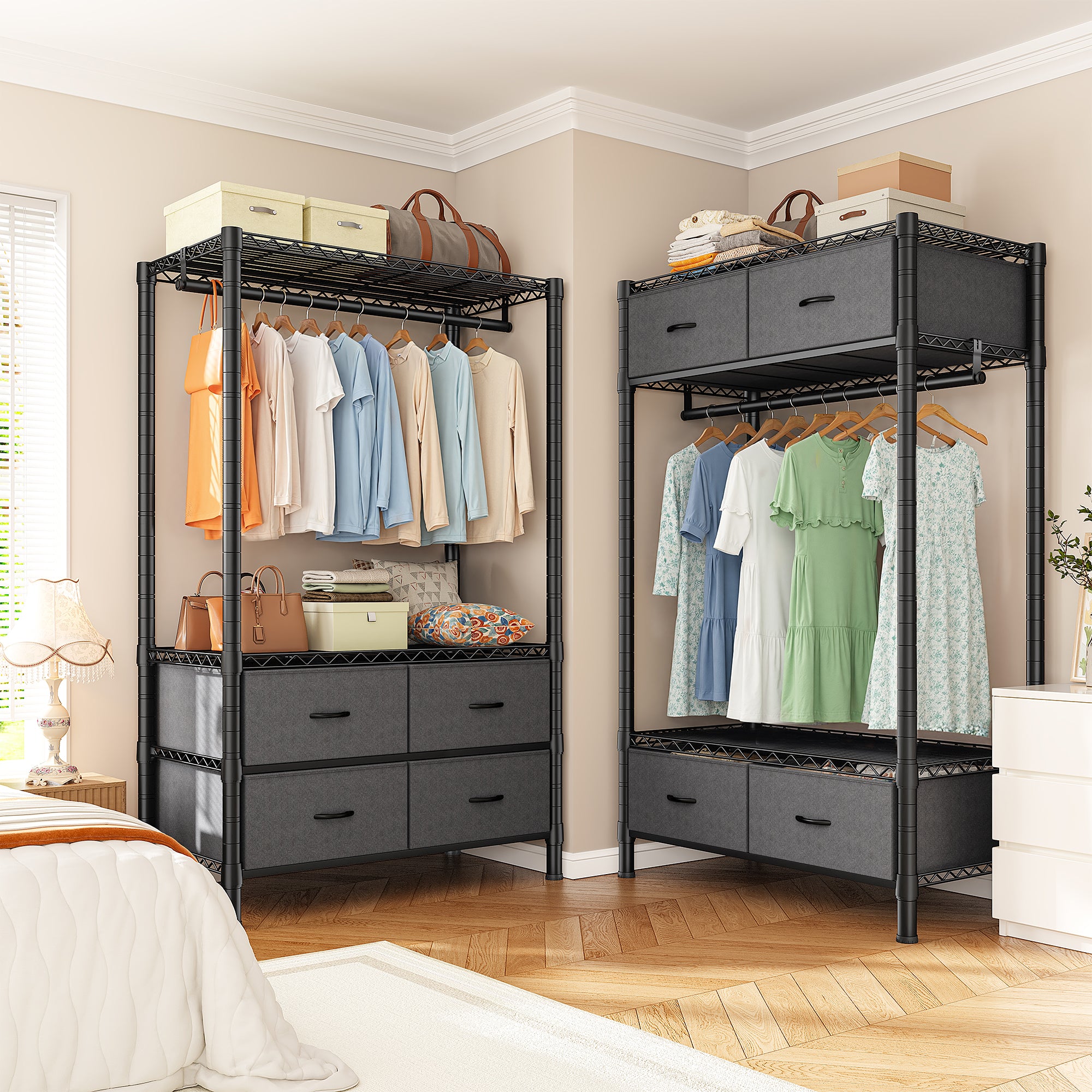 dress rack design Raybee Portable Closet Organizer with 4 Drawers, Freestanding/Rolling Metal Clothes Rack, Black Freestanding Rack