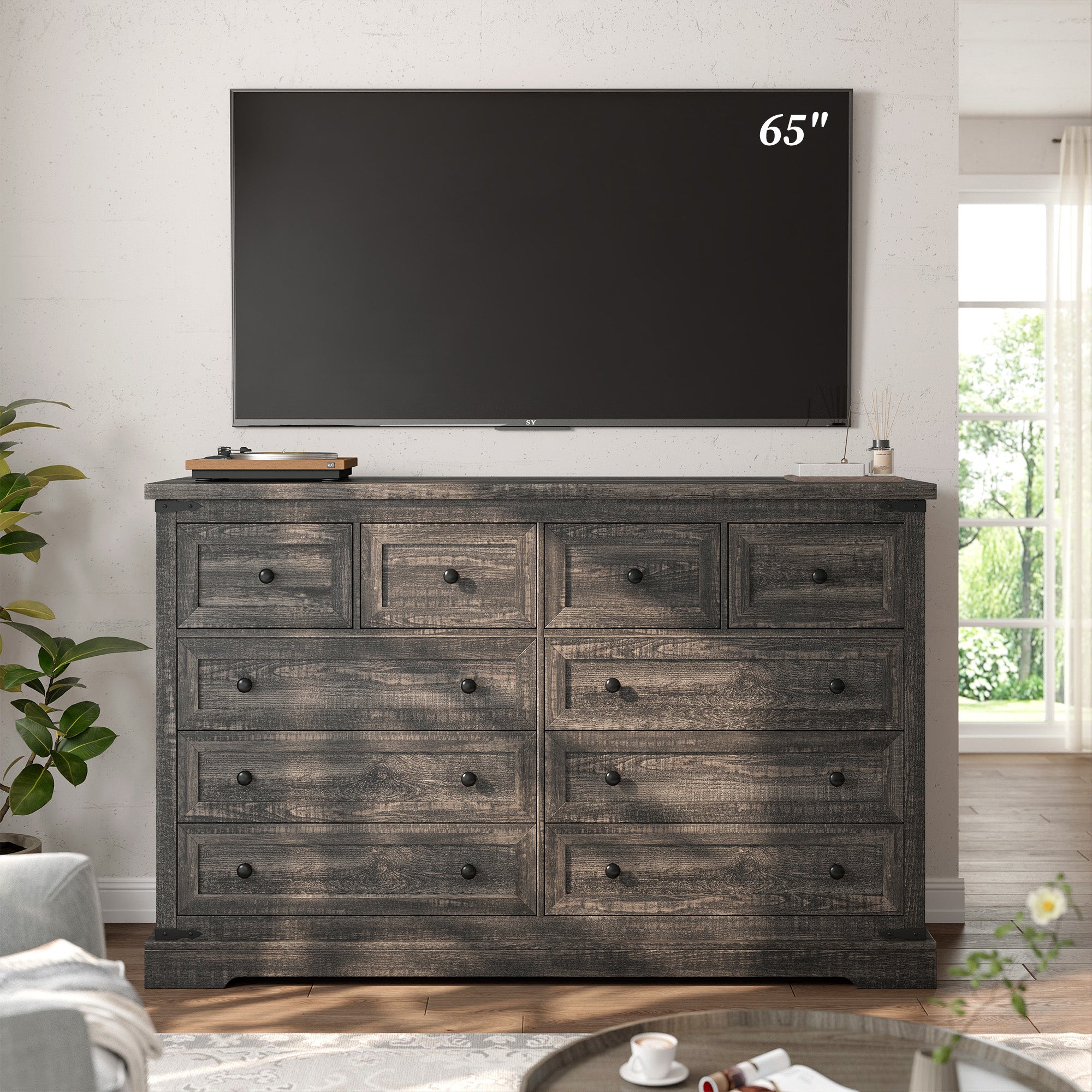 10-Drawer Farmhouse Dresser with Metal Rails - 55" Wide Bedroom Storage & TV Stand, 36"H x 15"D-White-snhomee