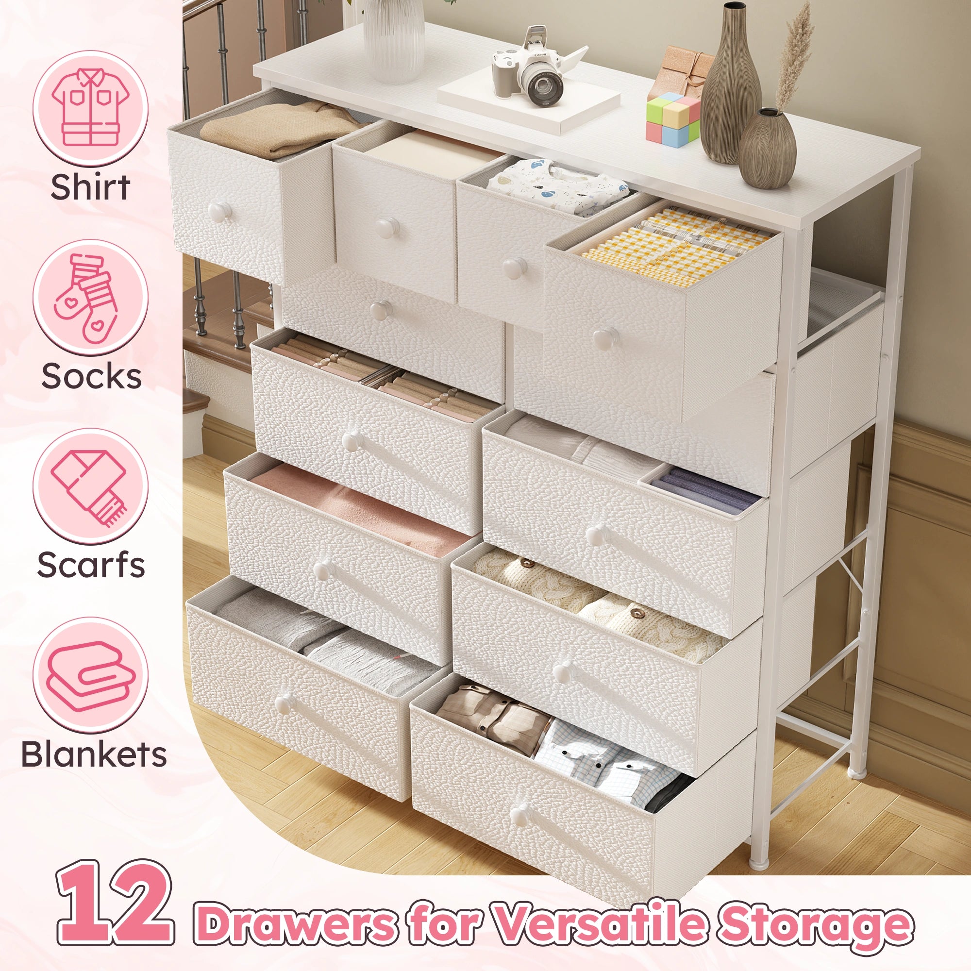 Snhomee 12-Drawer Tall Dresser for Bedroom  - Fabric & Metal Storage Organizer with Wood Top, Anti-Tip Design, Space-Saving, Closet, Entryway, Dorm Furniture, Back to school