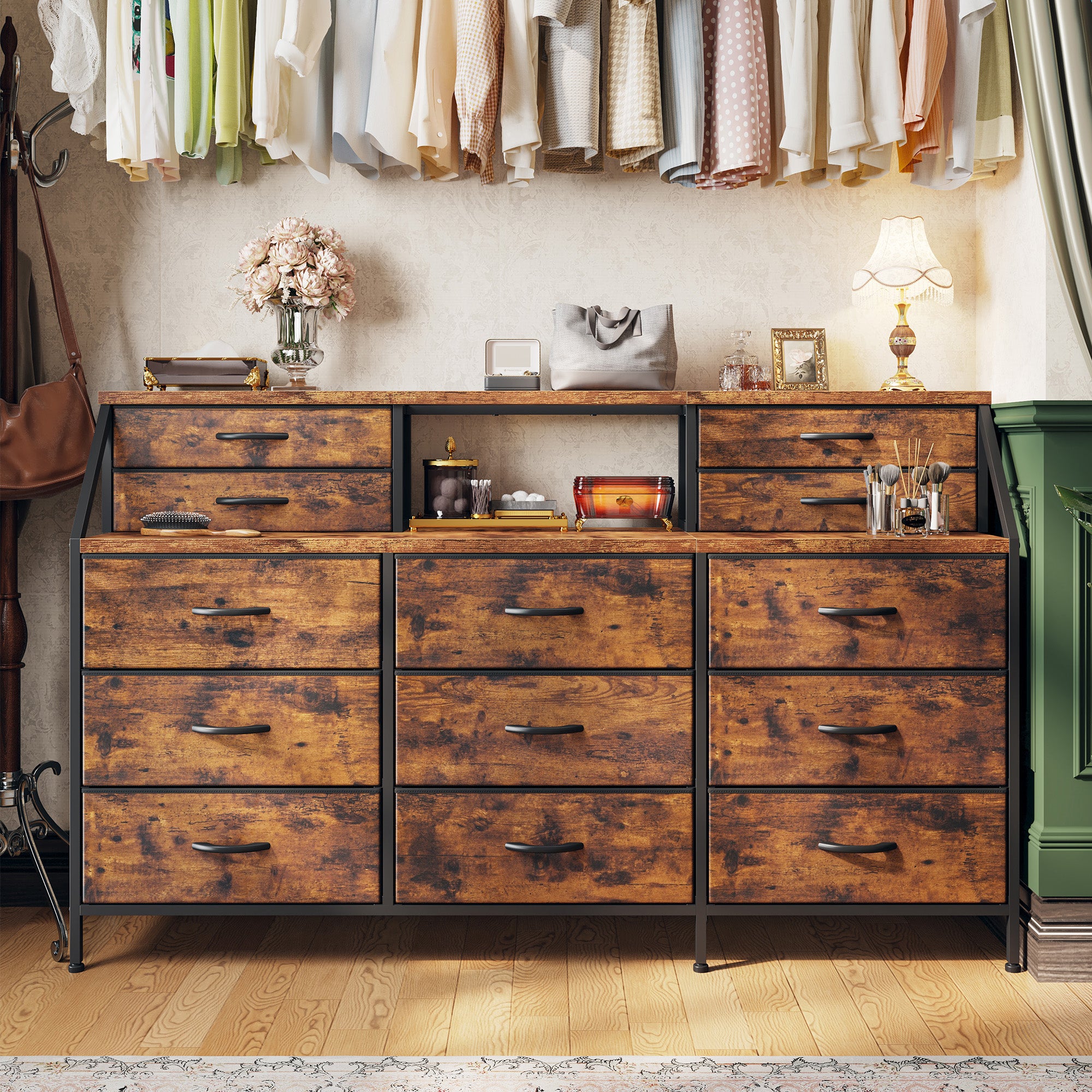 Girls Dresser Organizer: 55"W Dresser with 13 Fabric Drawers and 2 Open Shelves, Metal Frame & Wooden Top for Bedroom/Closet