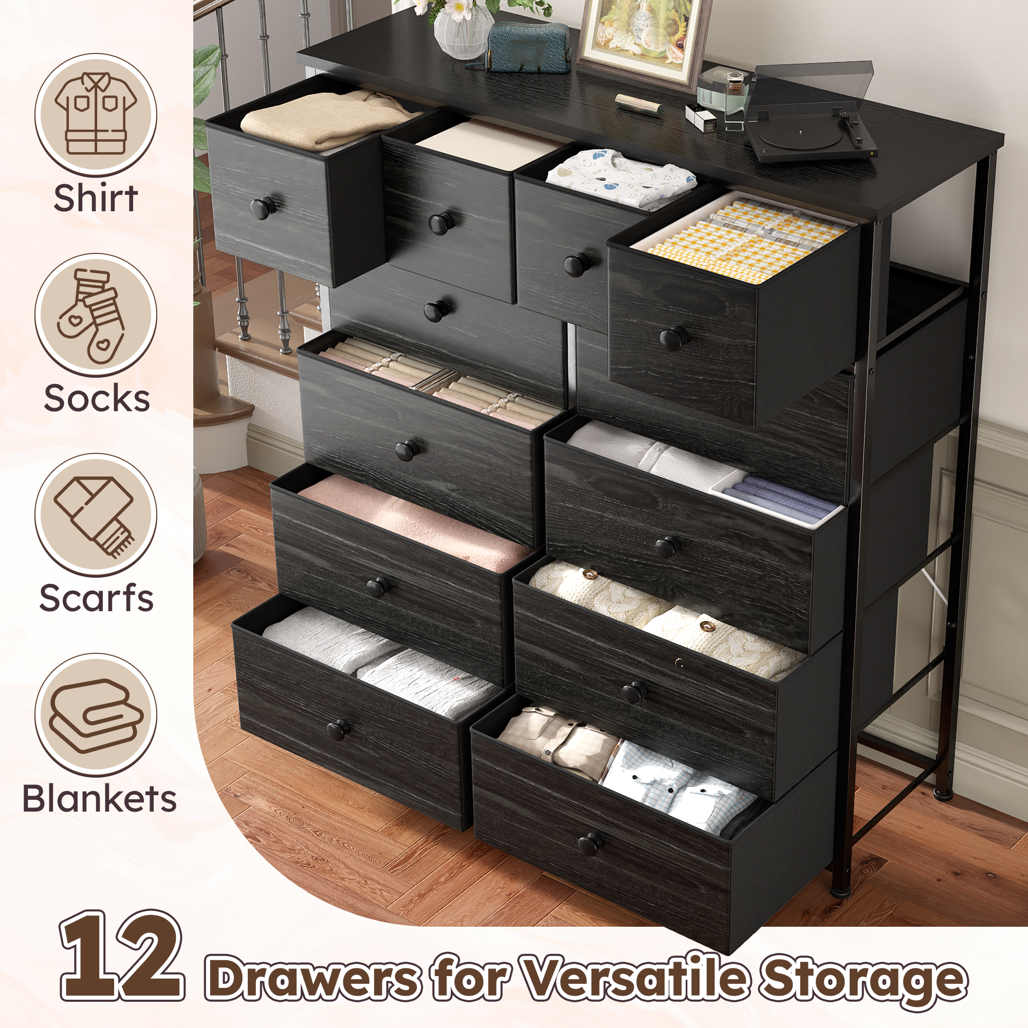 Snhomee 12-Drawer Tall Dresser for Bedroom  - Fabric & Metal Storage Organizer with Wood Top, Anti-Tip Design, Space-Saving, Closet, Entryway, Dorm Furniture, Back to school