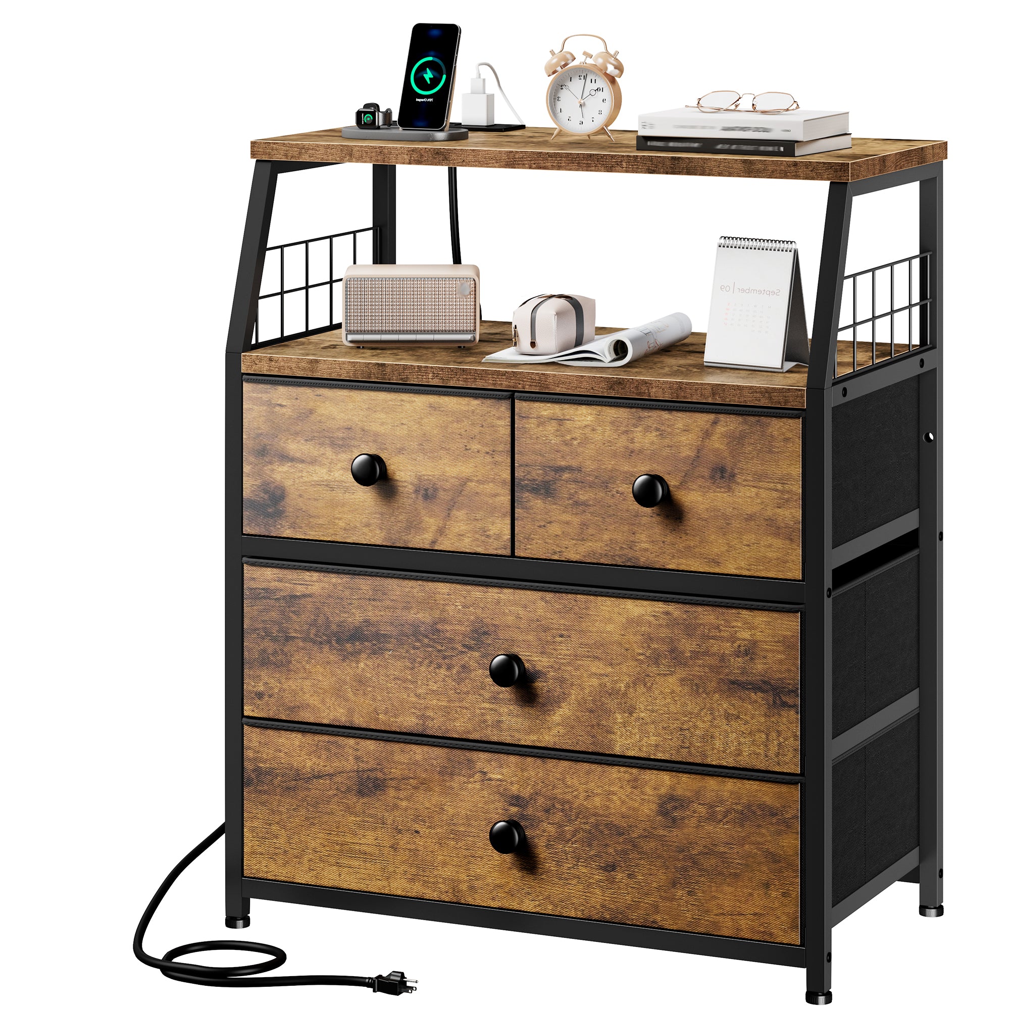 LED Nightstands with Charging Station: 4 Fabric Drawers, USB Ports & Outlets for Bedroom-Rustic Brown-1-snhomee