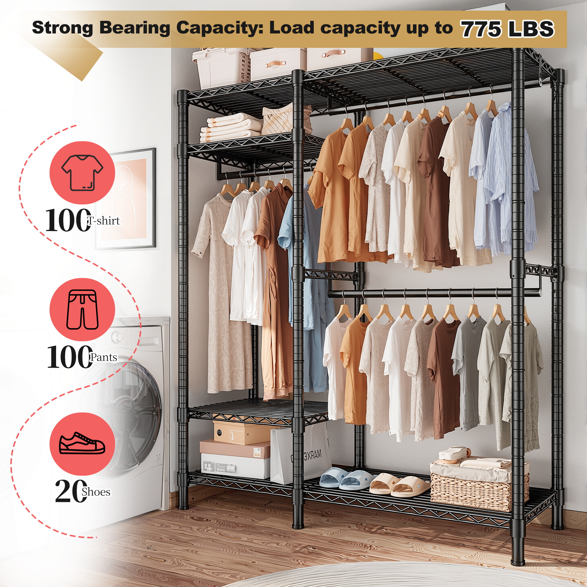 Snhomee 780lbs Heavy Duty Clothes Rack with Wheels, Freestanding Portable Closet, Rolling Garment Rack For Hanging-Home Storage > Clothes Rack-wheels-Black-snhomee