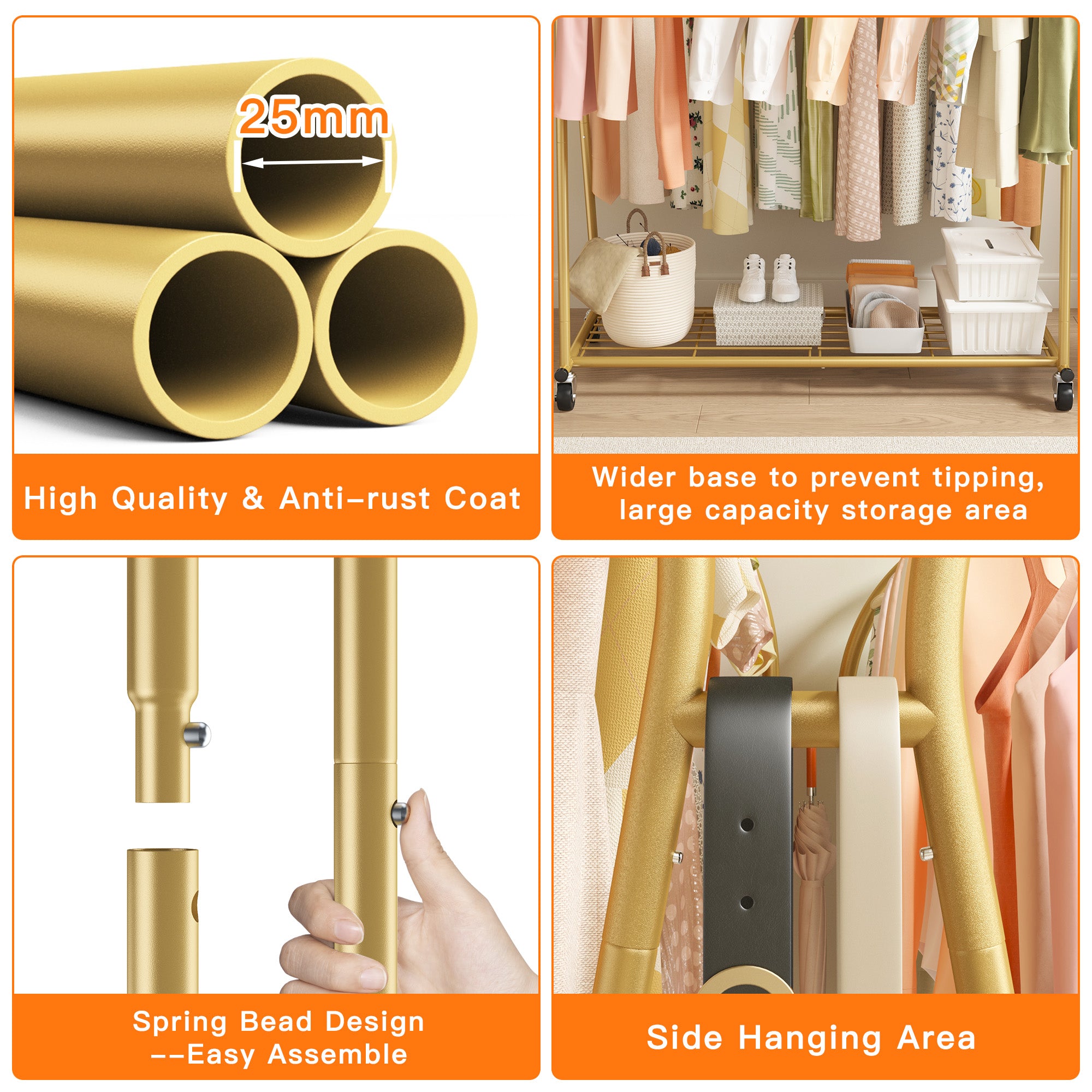Double-Rod Clothing Rack with Wheels, Rust-Resistant Clothes Rack with Bottom Shelf & Curved Supports for Long Coats