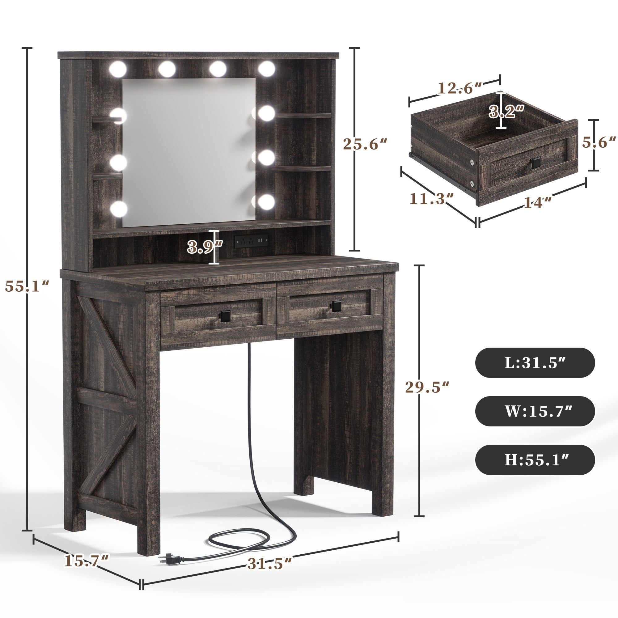 Farmhouse Makeup Vanity Desk with LED Mirror & Charging Station – 31.5" Wide, Adjustable 3-Color Lighting, 2 Storage Drawers & Shelves (Stool Not Included)
