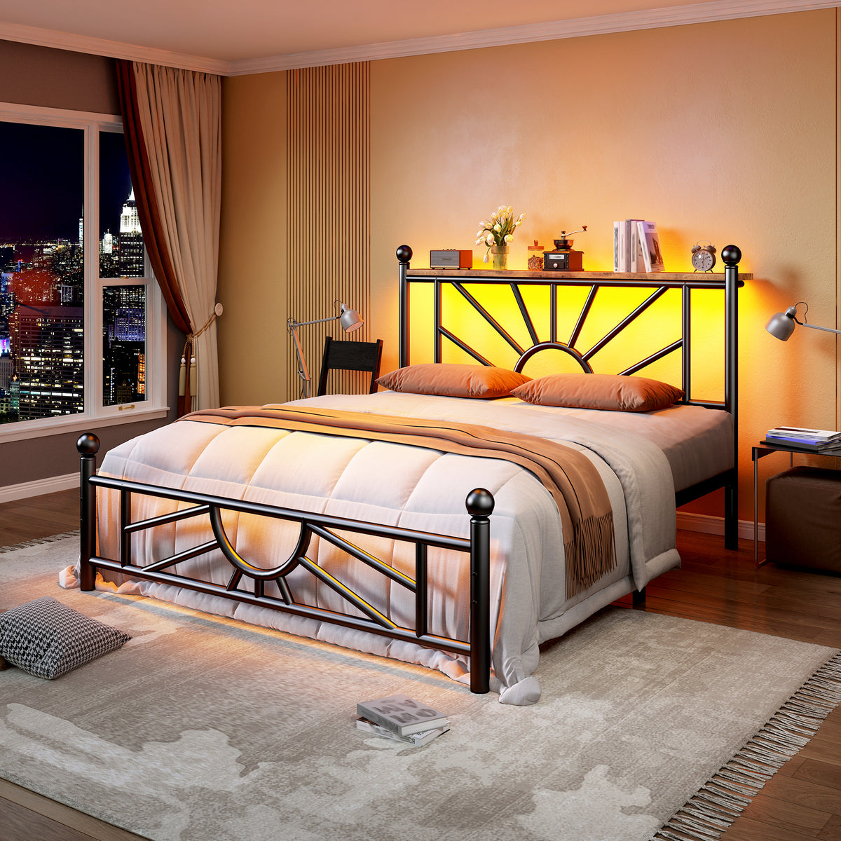 Snhomee Metal Bed Frame with LED Lights Under Headboard&Footboard - 1300LBS Capacity, Underbed Storage, No Box Spring Needed, Noise-Free Design, Back to School Beds Best Choice