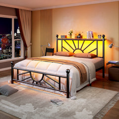 Snhomee Metal Bed Frame with LED Lights Under Headboard&Footboard - 1300LBS Capacity, Underbed Storage, No Box Spring Needed, Noise-Free Design, Back to School Beds Best Choice