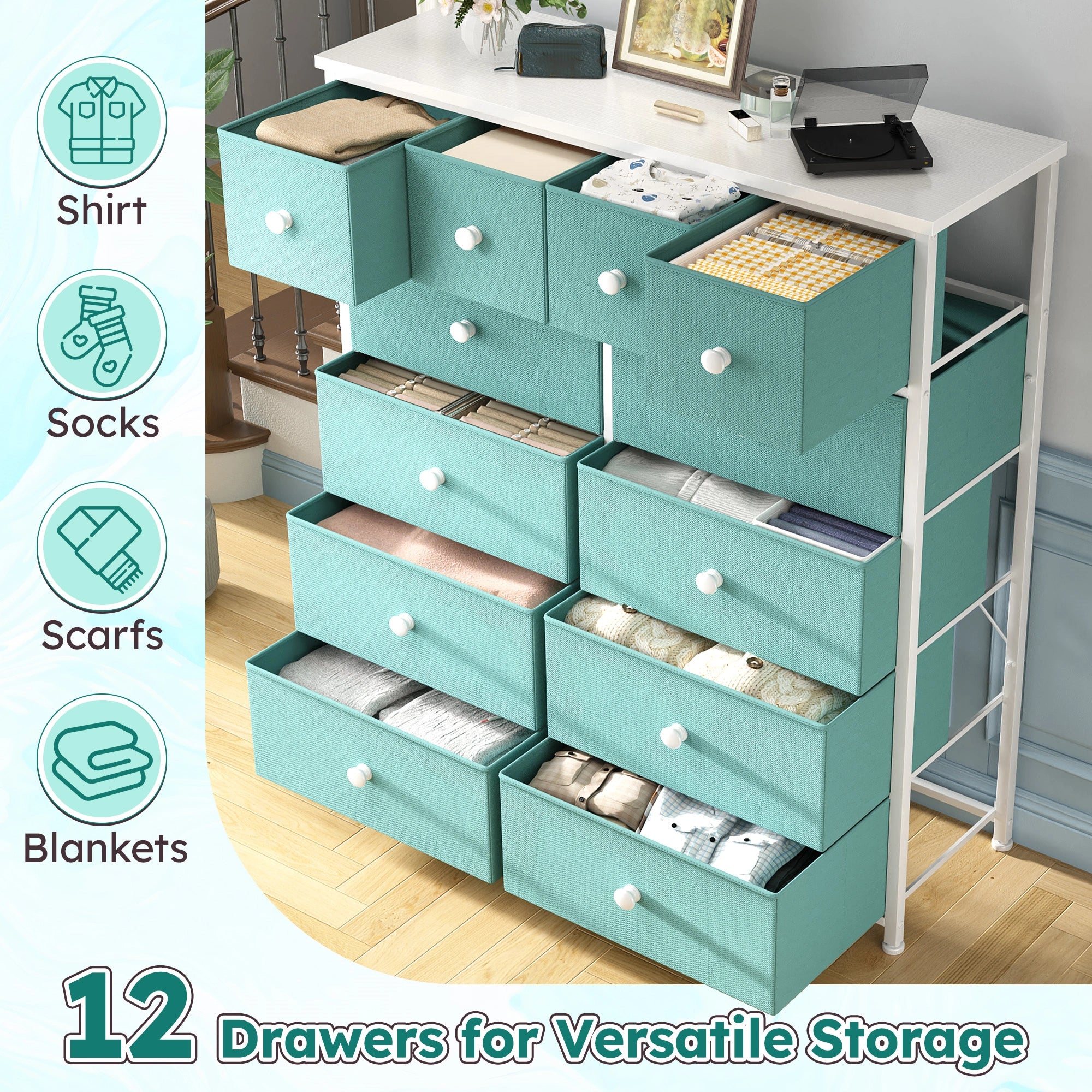 Snhomee 12-Drawer Tall Dresser for Bedroom  - Fabric & Metal Storage Organizer with Wood Top, Anti-Tip Design, Space-Saving, Closet, Entryway, Dorm Furniture, Back to school