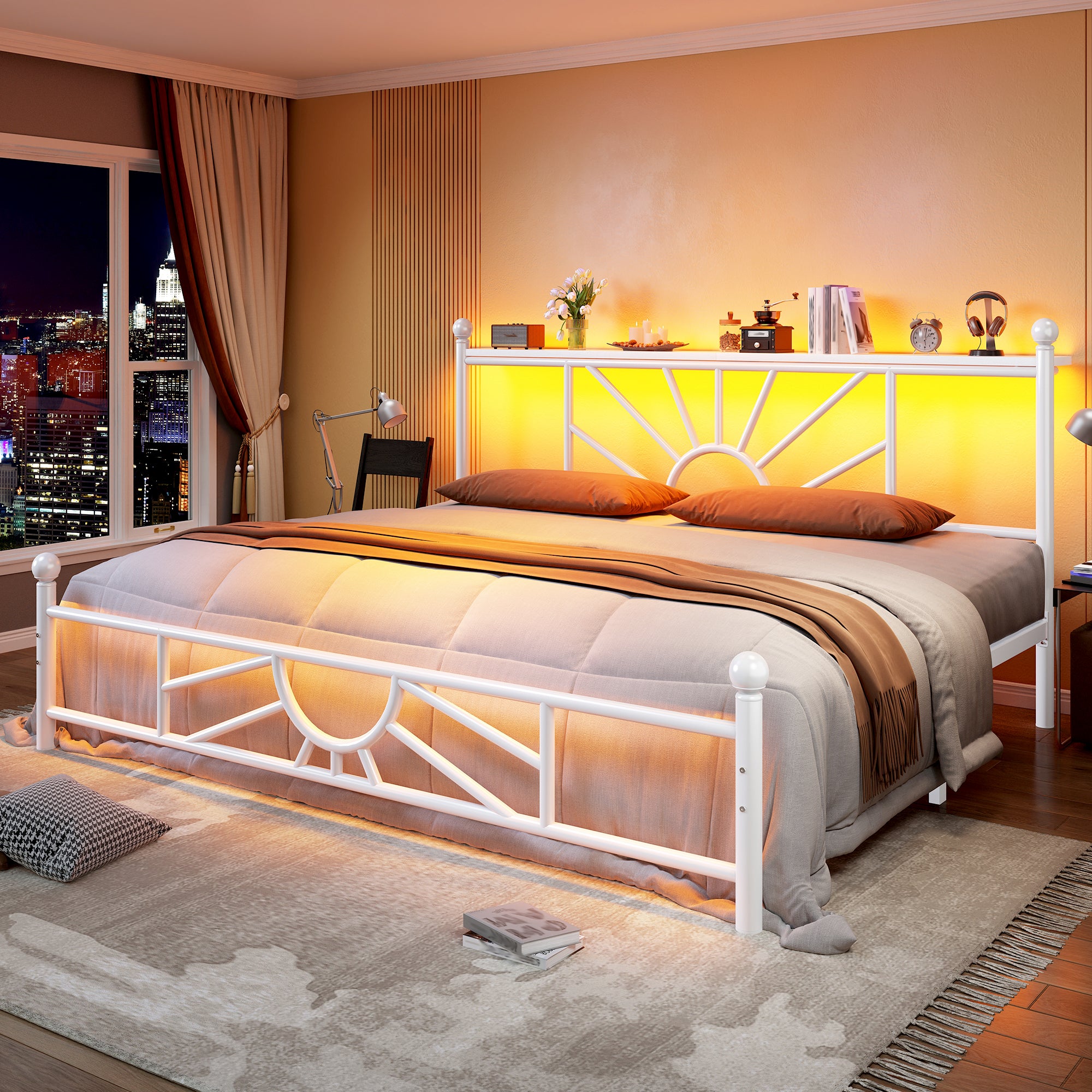Snhomee Metal Bed Frame with LED Lights Under Headboard&Footboard - 1300LBS Capacity, Underbed Storage, No Box Spring Needed, Noise-Free Design, Back to School Beds Best Choice