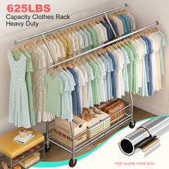 625lb Heavy Duty Commercial Clothing Rack - Rolling Steel Garment Rack with Shelves-Home Storage > Clothes Rack-(64-70)" H x (42.2-65.4)" W x 23" D-snhomee