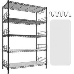 Snhomee 5-Tier Adjustable Metal Wire Shelving Rack, 771 LBS Storage Organizer with Anti-Fall Side Guardrails & Hanging Hooks for Pantry Garage Kitchen Laundry Room