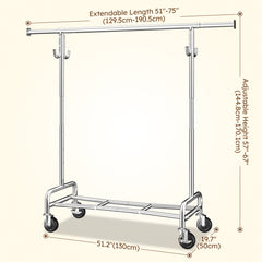 400LB Heavy Duty Rolling Clothes Rack | Adjustable Garment Rack with Wheels & Shelf | Portable Chrome Metal Frame for Commercial & Home Use-snhomee