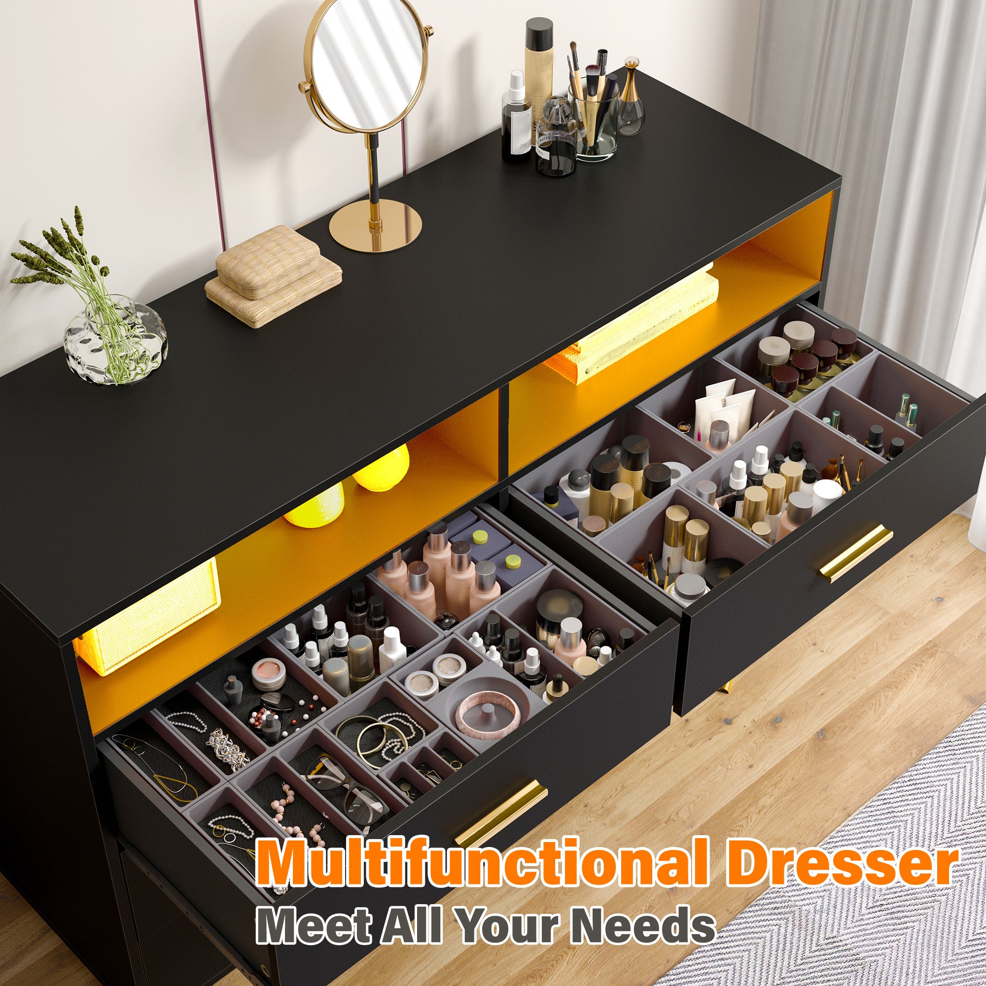 6 Drawers Dresser with LED Lights, Large TV Stand, 2 Open Shelves Top, 47"W Modern Chest with Anti-Tip Safety for Bedroom, Living Room & Small Spaces
