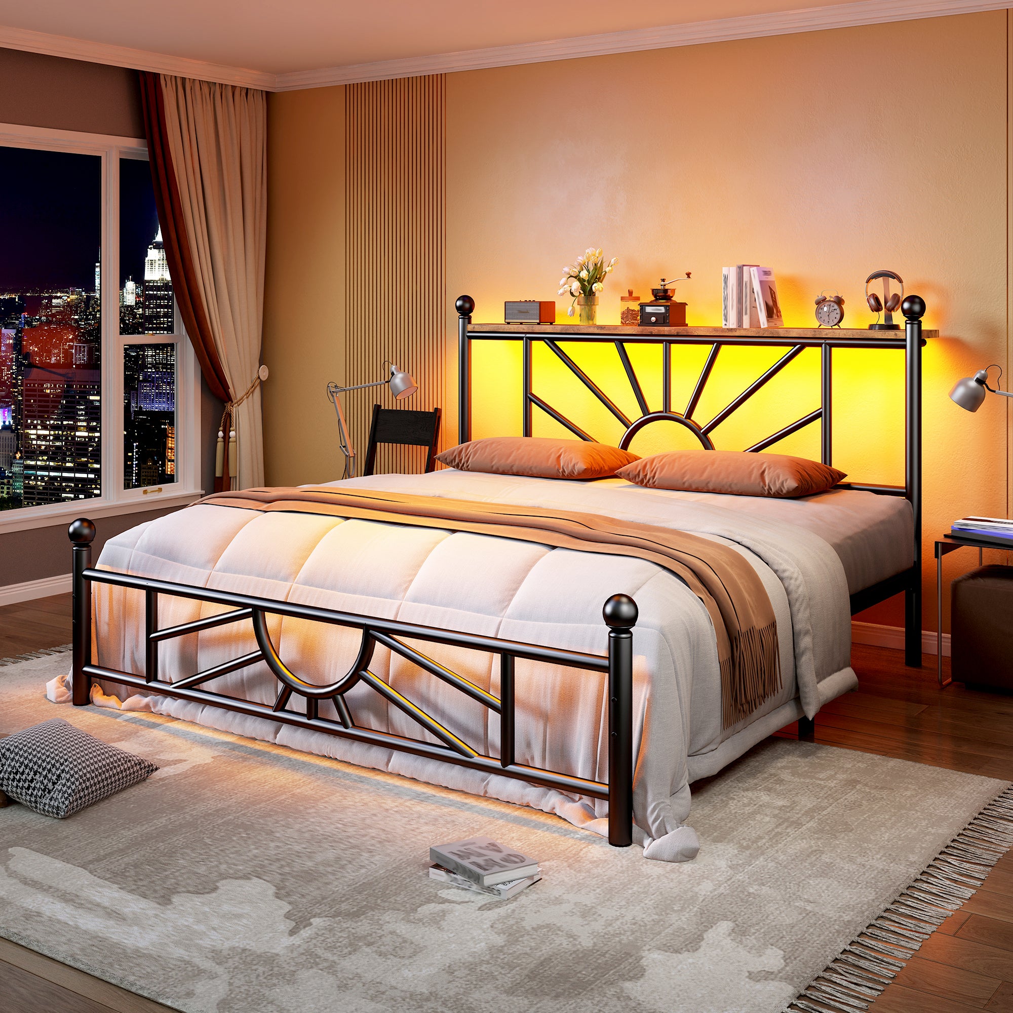 Snhomee Metal Bed Frame with LED Lights Under Headboard&Footboard - 1300LBS Capacity, Underbed Storage, No Box Spring Needed, Noise-Free Design, Back to School Beds Best Choice
