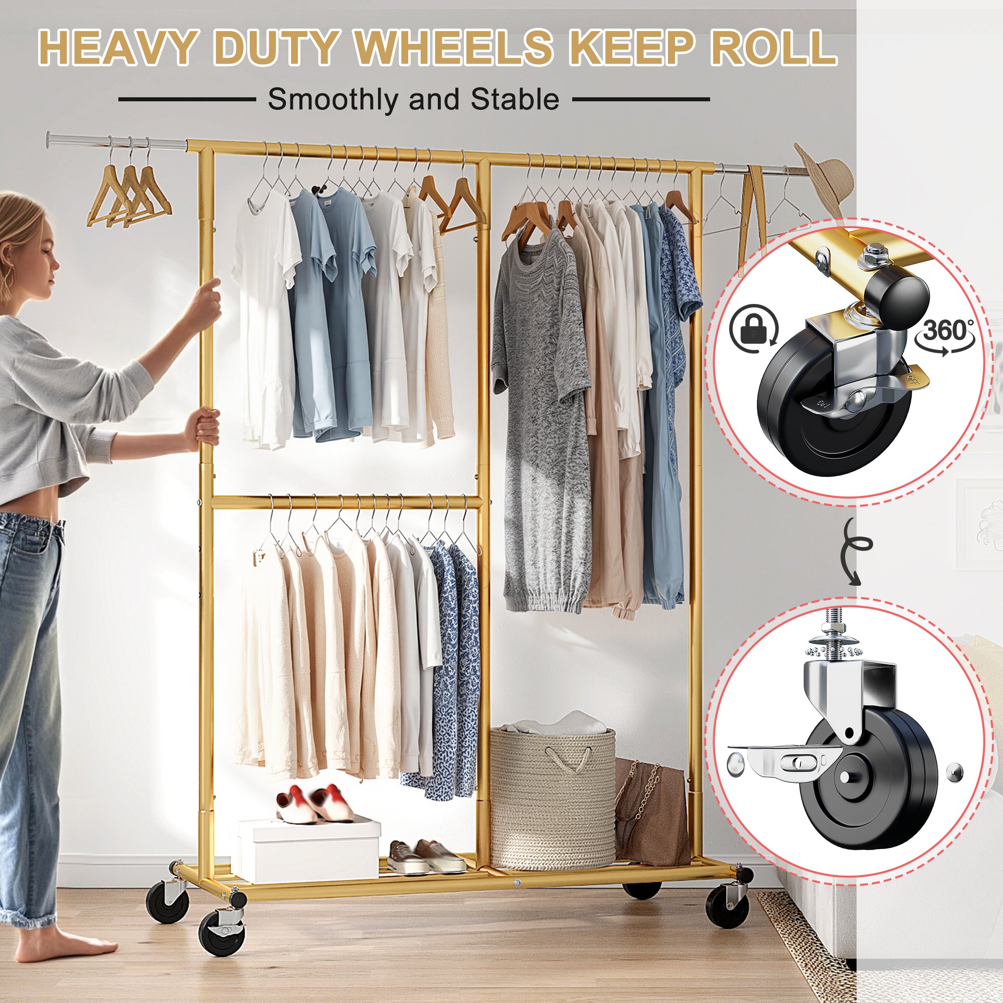 Snhomee 450 lbs Garment Rack with Wheels, Commercial Clothes Rack for Hanging-Home Storage > Clothes Rack-Gold-(45.3"-69.1")W x 17.8"D x 72"H-snhomee