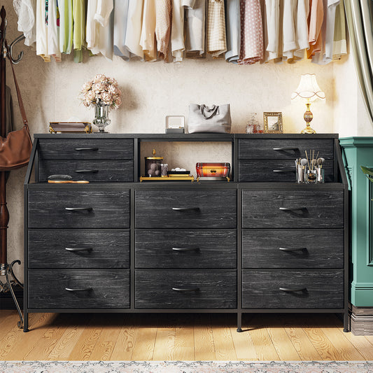 Girls Dresser Organizer: 55"W Dresser with 13 Fabric Drawers and 2 Open Shelves, Metal Frame & Wooden Top for Bedroom/Closet