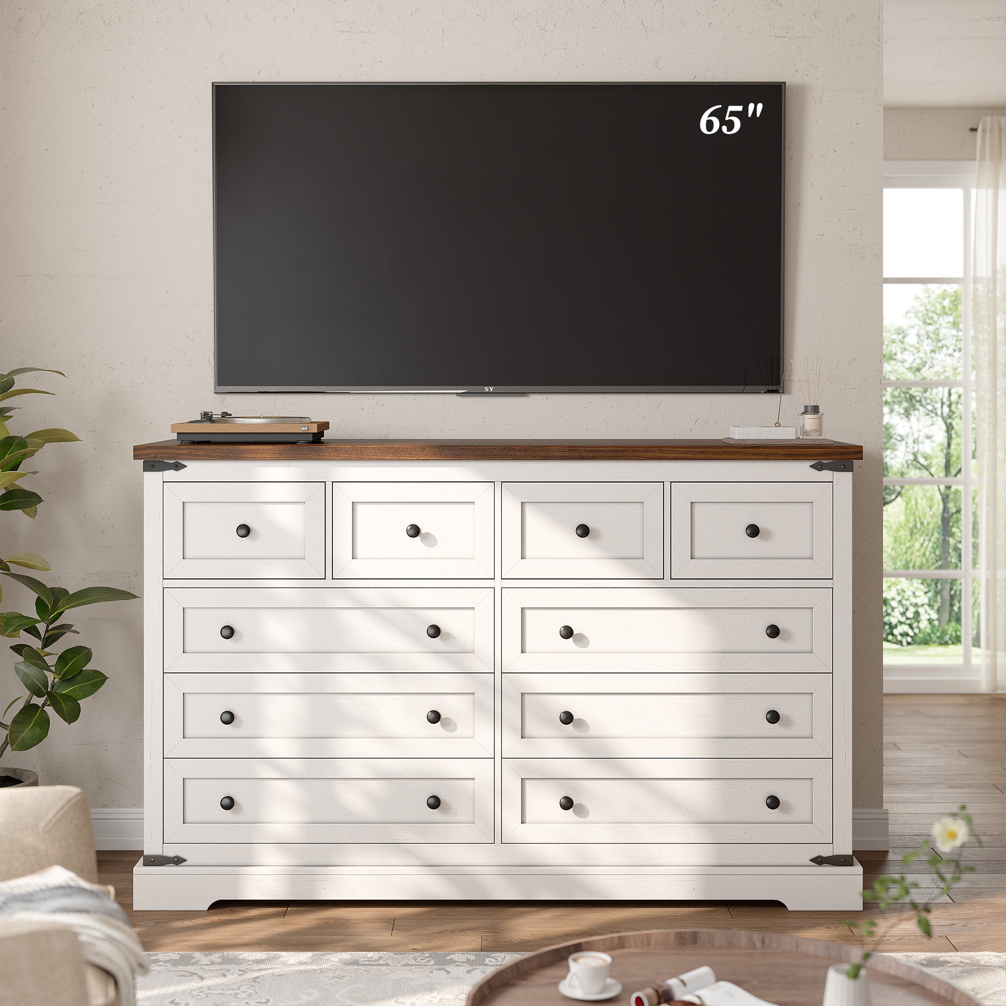 10-Drawer Farmhouse Dresser with Metal Rails - 55" Wide Bedroom Storage & TV Stand, 36"H x 15"D-White-snhomee