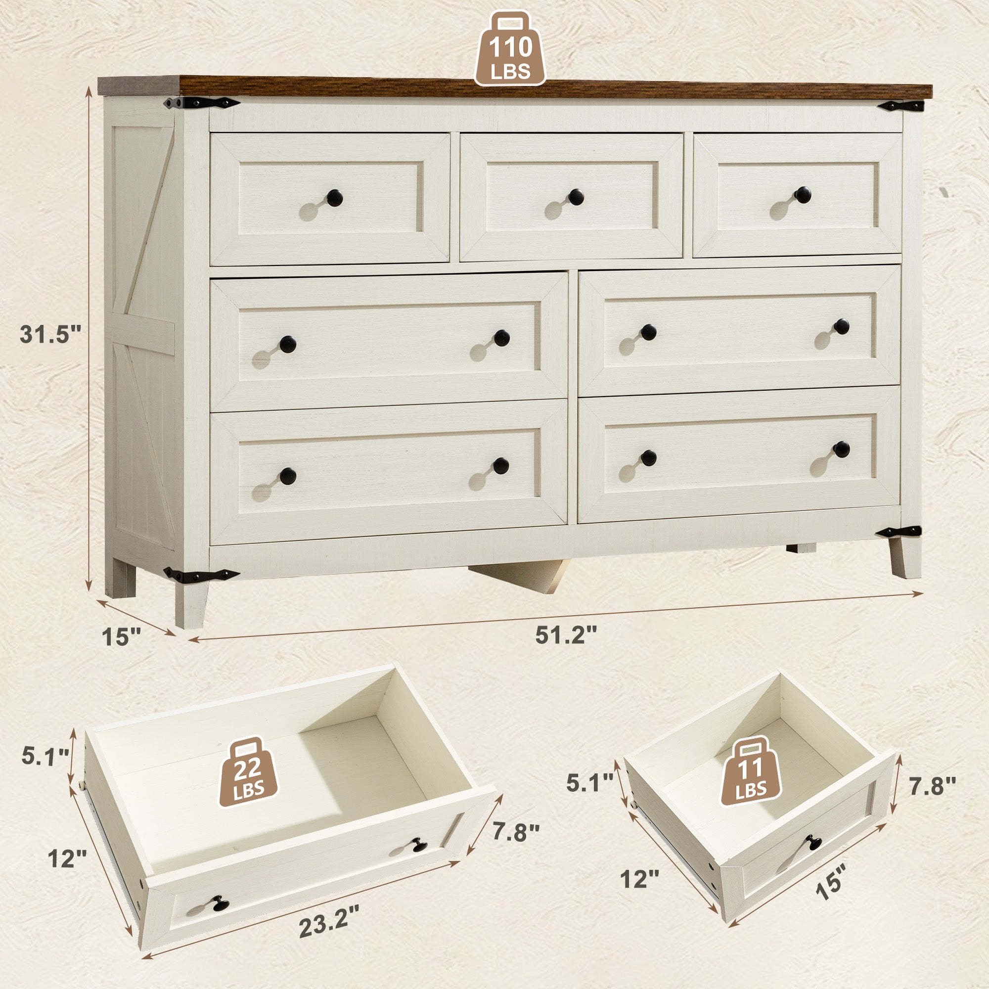 Antique White 7-Drawer Dresser & TV Stand with Metal Glide - 51" Wide Multi-Room Storage-Antique White-snhomee