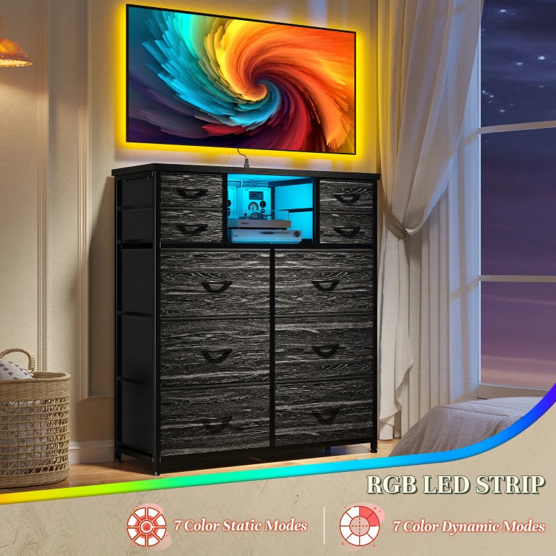 Snhomee 10 Fabric Drawers Bedroom Dresser with LED Lighting and Built-in Charging Station for Closet, Hallway or Bedroom