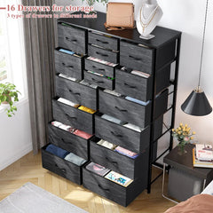 Tall Fabric Dresser for Bedroom with 16 Deep Drawers, Chests of Drawers for Bedroom, Living Room, Wood Top Metal Frame, Storage Drawer for Closet Entryway, Highboy-Furniture > Dresser-Brown-snhomee