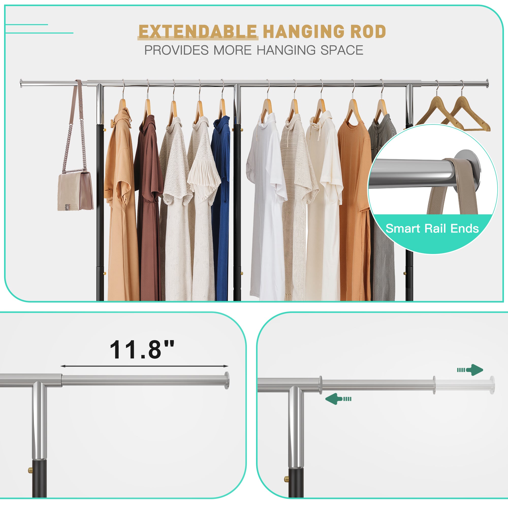 Snhomee 450 lbs Garment Rack with Wheels, Commercial Clothes Rack for Hanging-Home Storage > Clothes Rack-Gold-(45.3"-69.1")W x 17.8"D x 72"H-snhomee