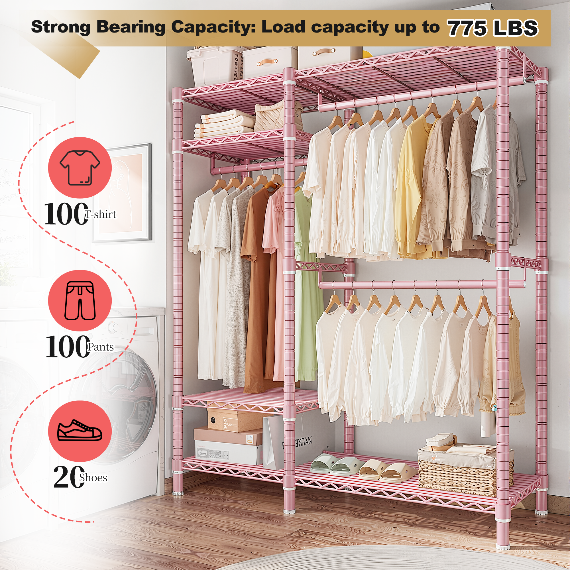 Snhomee 780lbs Heavy Duty Clothes Rack with Wheels, Freestanding Portable Closet, Rolling Garment Rack For Hanging-Home Storage > Clothes Rack-wheels-Black-snhomee