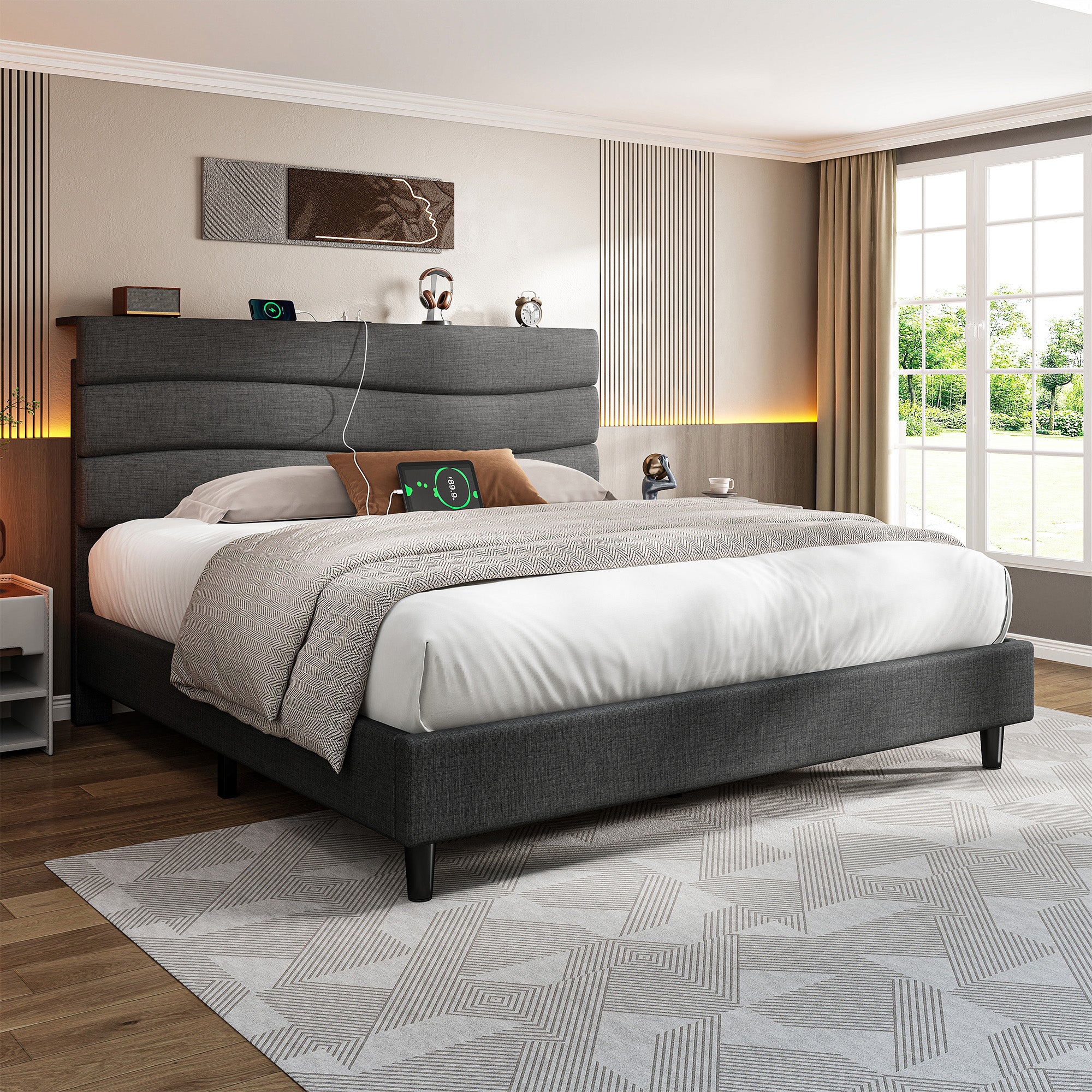SnHomee Upholstered Bed Frame with Storage Headboard & Charging Station - USB Ports, Adjustable Fabric Headboard, Noise-Free Design, No Box Spring Needed, Back to School Beds On Sale
