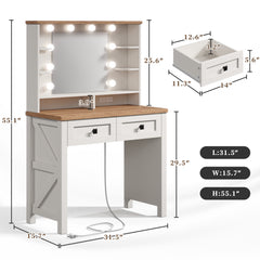 Snhomee 31.5"W Makeup Vanity Desk with LED Mirror & Charging Station – Adjustable 3-Color Lighting, Wooden Drawers & Shelves for Bedroom  or Dressing Room