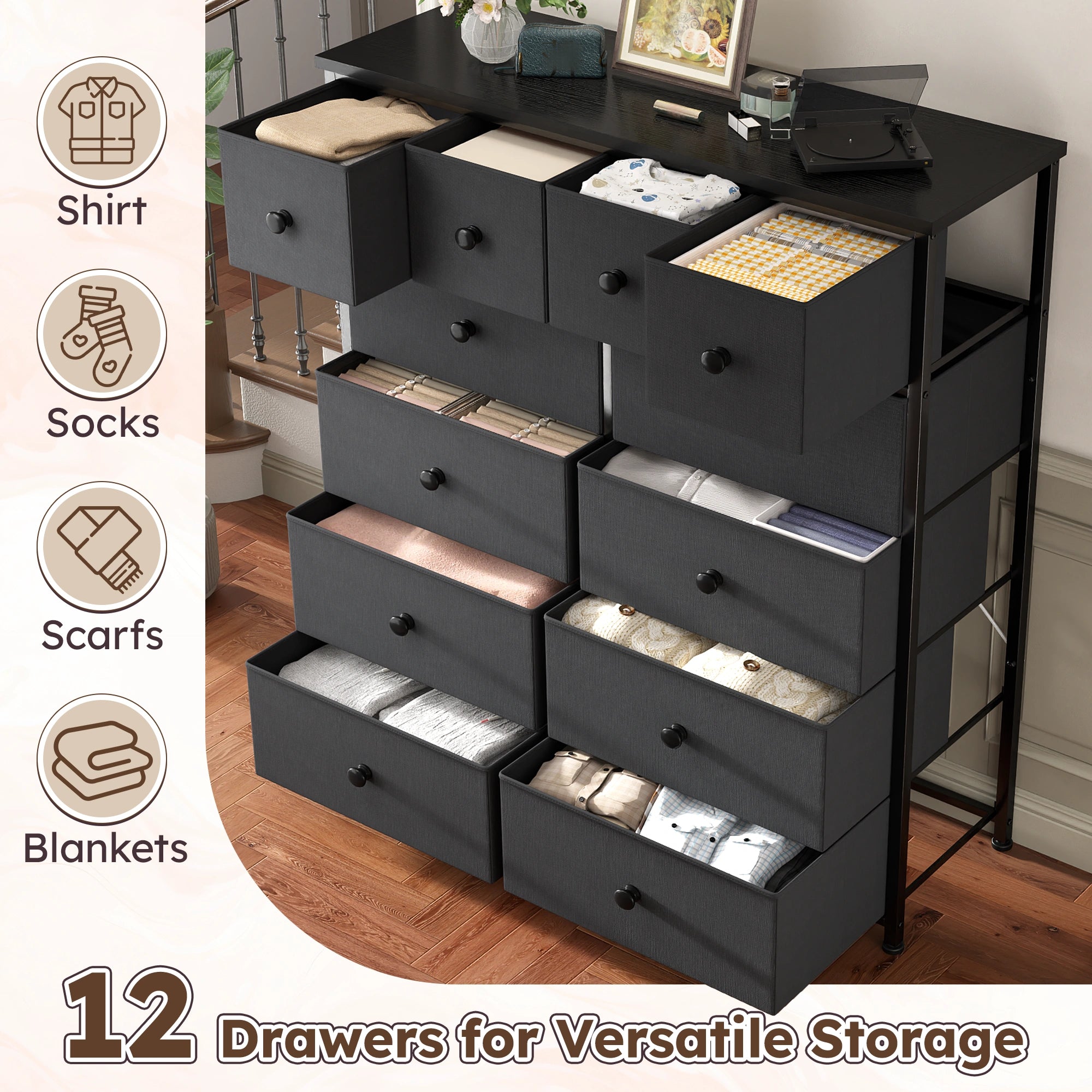 Snhomee 12-Drawer Tall Dresser for Bedroom  - Fabric & Metal Storage Organizer with Wood Top, Anti-Tip Design, Space-Saving, Closet, Entryway, Dorm Furniture, Back to school