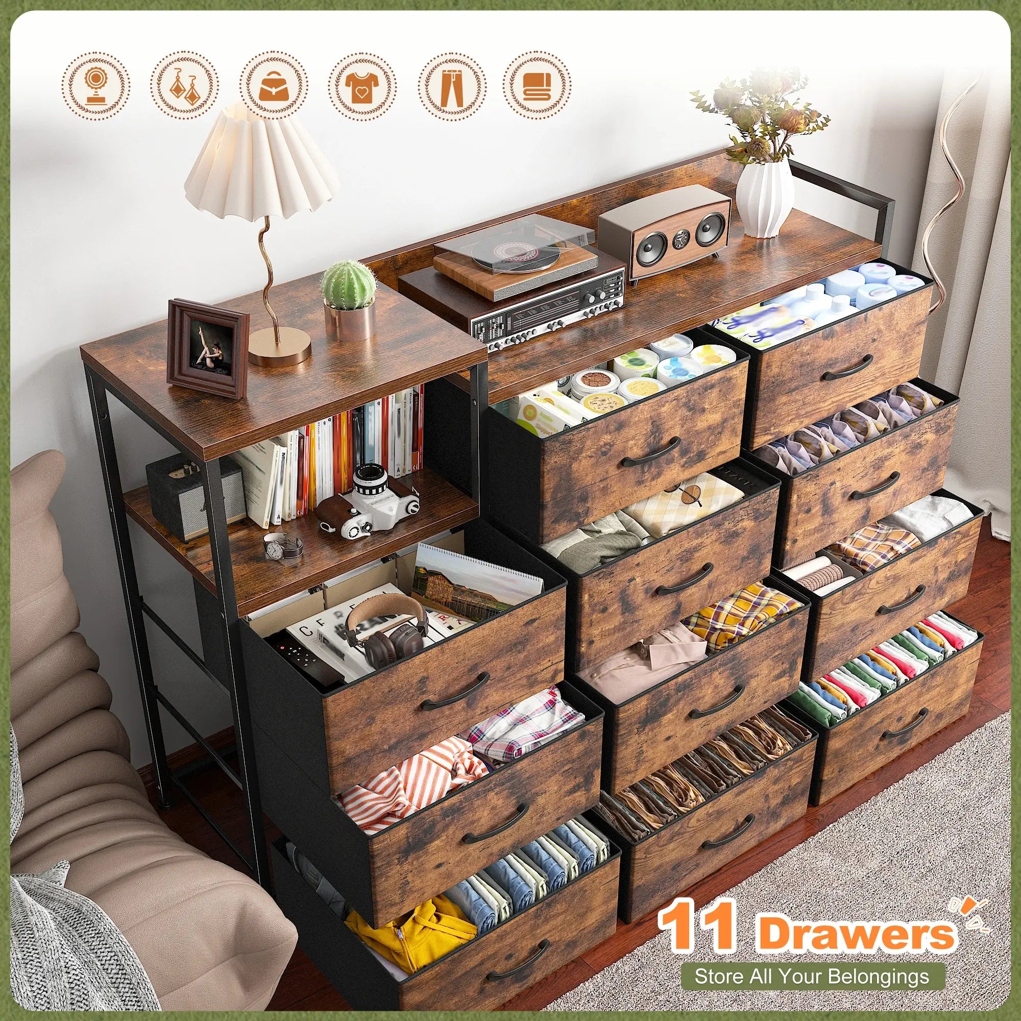 Snhomee 11-Drawer Dresser with Shelves Wide Bedroom Storage Cabinet & TV Stand with Wood Top and Metal Frame Brown Snhomee 11-Drawer Dresser with Shelves Wide Bedroom Storage Cabinet & TV Stand with Wood Top and Metal Frame Brown