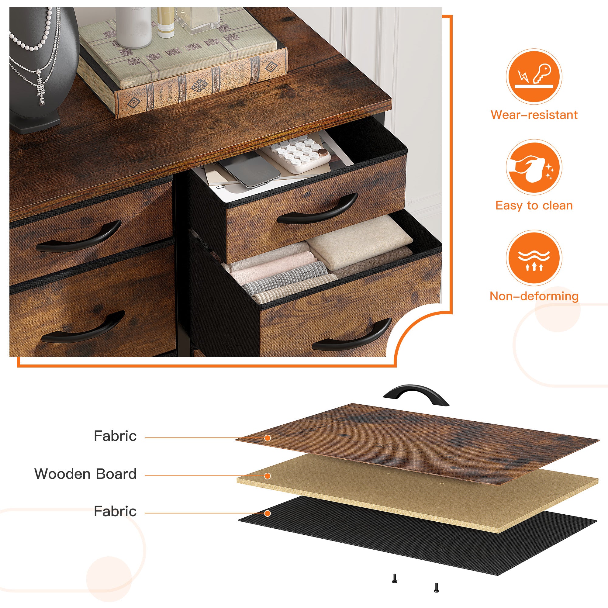 Dresser for Bedroom with 15 Drawers, Sturdy Metal Frame & Wood Top, Top Large Fabric Chest of Drawers, Closet, Livingroom-Furniture > Dresser-37.8"W x 11.8"D x 52.4"H-Black-snhomee