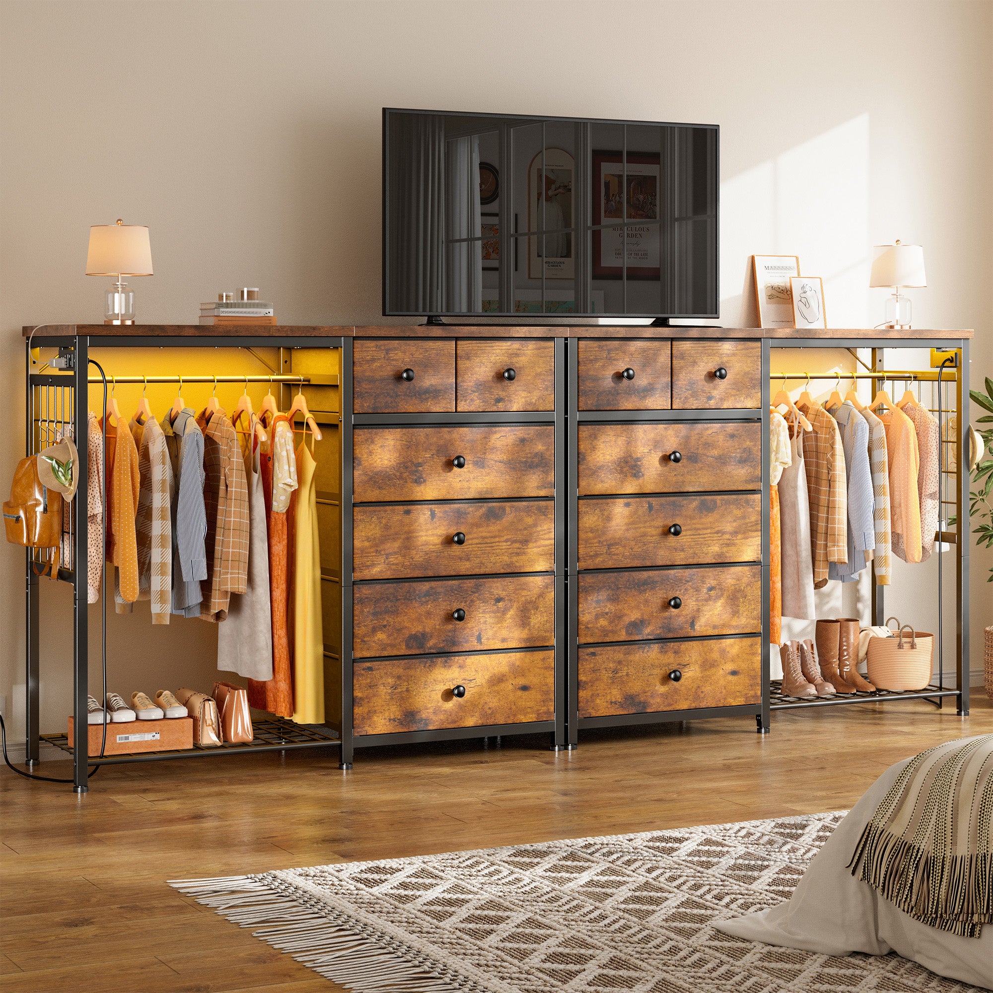 49.2" W Dresser with Hanging Rack & LED Lights - 6-Drawer Storage + Charging Station for Bedroom/Closet, Rustic Brown-Rustic Brown-snhomee