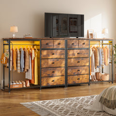 49.2" W Dresser with Hanging Rack & LED Lights - 6-Drawer Storage + Charging Station for Bedroom/Closet, Rustic Brown-Rustic Brown-snhomee