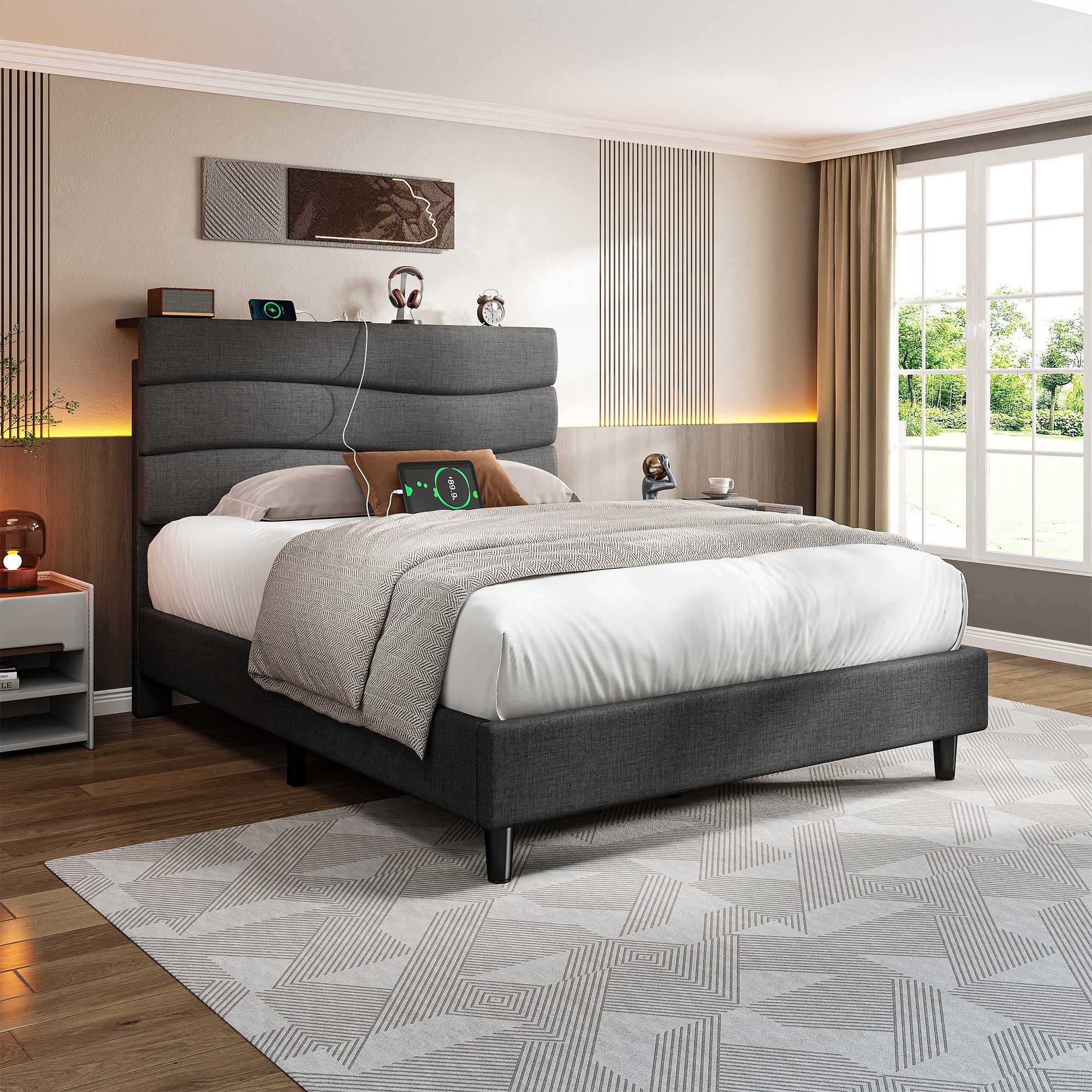 SnHomee Upholstered Bed Frame with Storage Headboard & Charging Station - USB Ports, Adjustable Fabric Headboard, Noise-Free Design, No Box Spring Needed, Back to School Beds On Sale