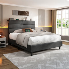 SnHomee Upholstered Bed Frame with Storage Headboard & Charging Station - USB Ports, Adjustable Fabric Headboard, Noise-Free Design, No Box Spring Needed, Back to School Beds On Sale